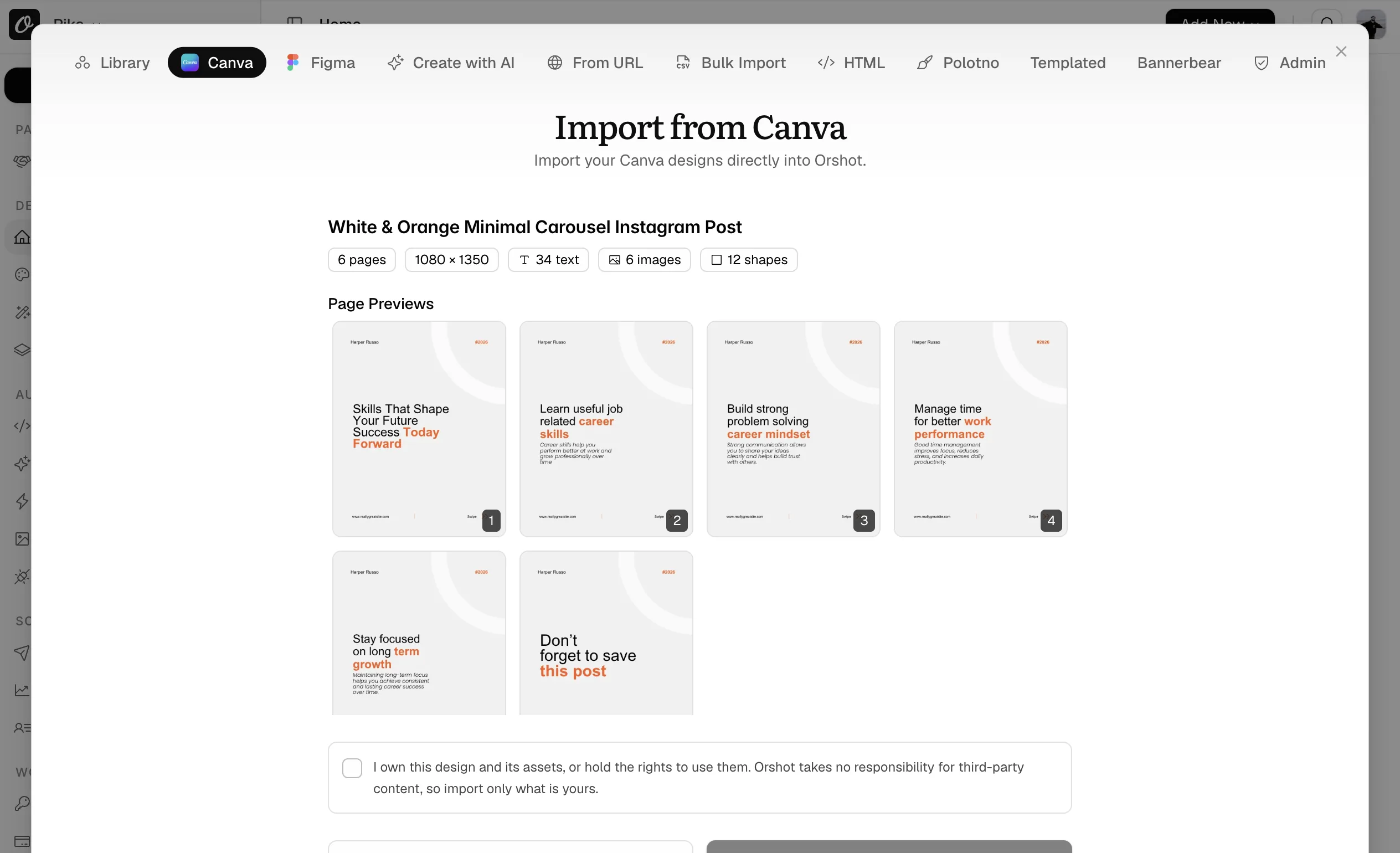Orshot has read the carousel: six page previews, 34 text layers, 6 images and 12 shapes, with the ownership checkbox