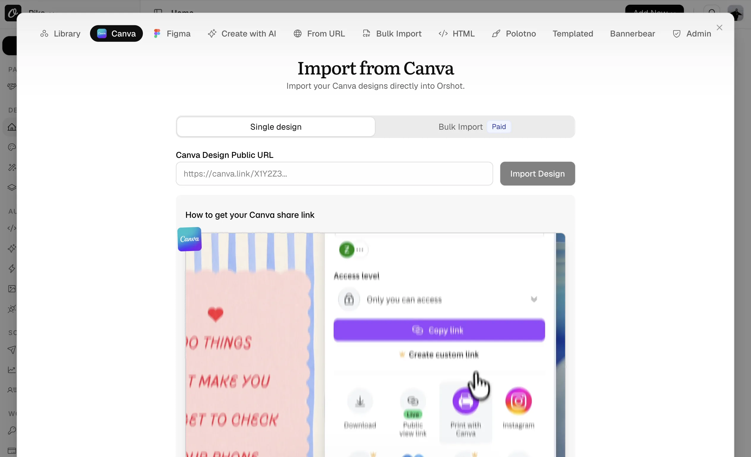 The Canva tab in Orshot's New Template dialog with the link field