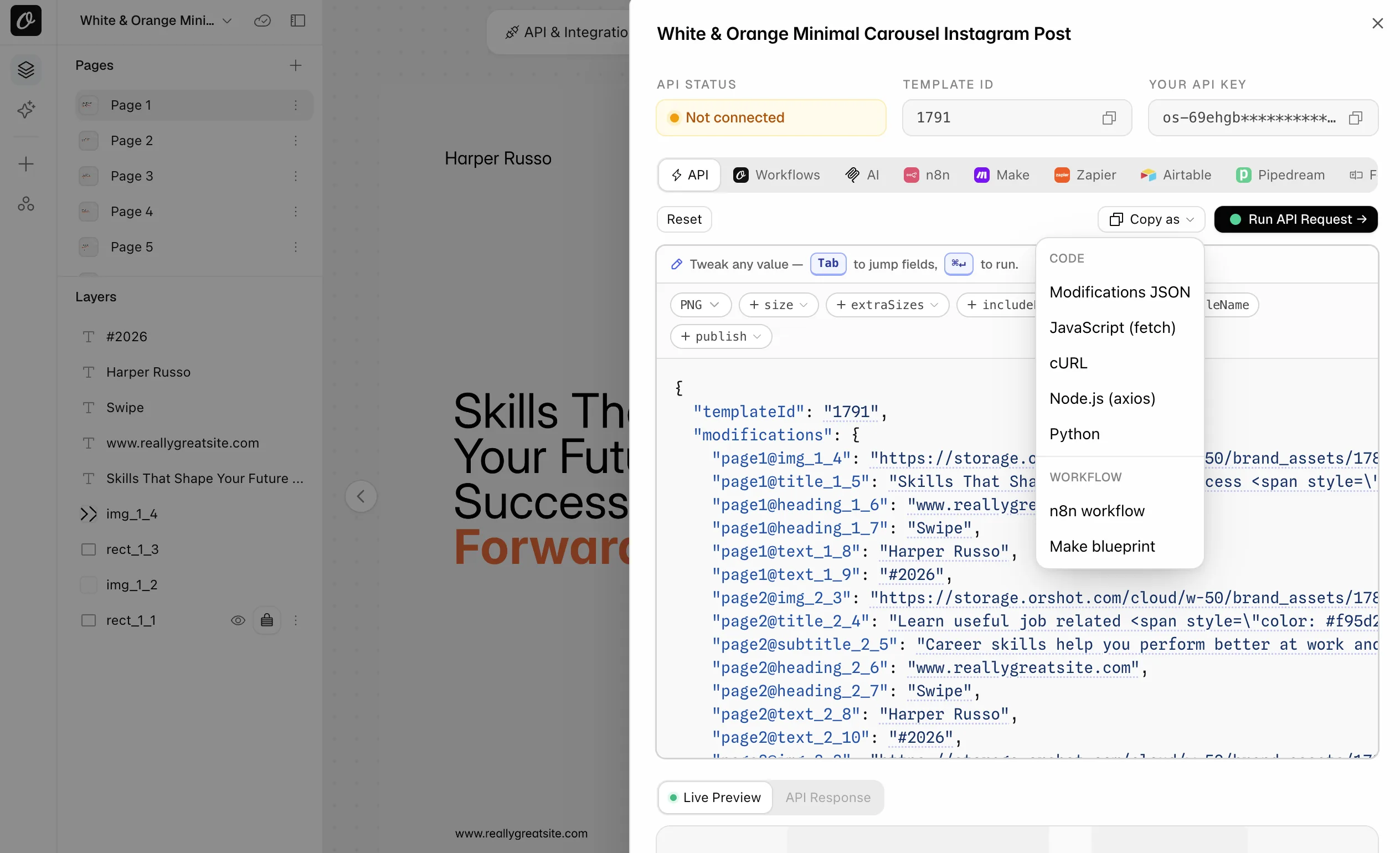 Quick Connect with the Copy as menu open: n8n workflow and Make blueprint