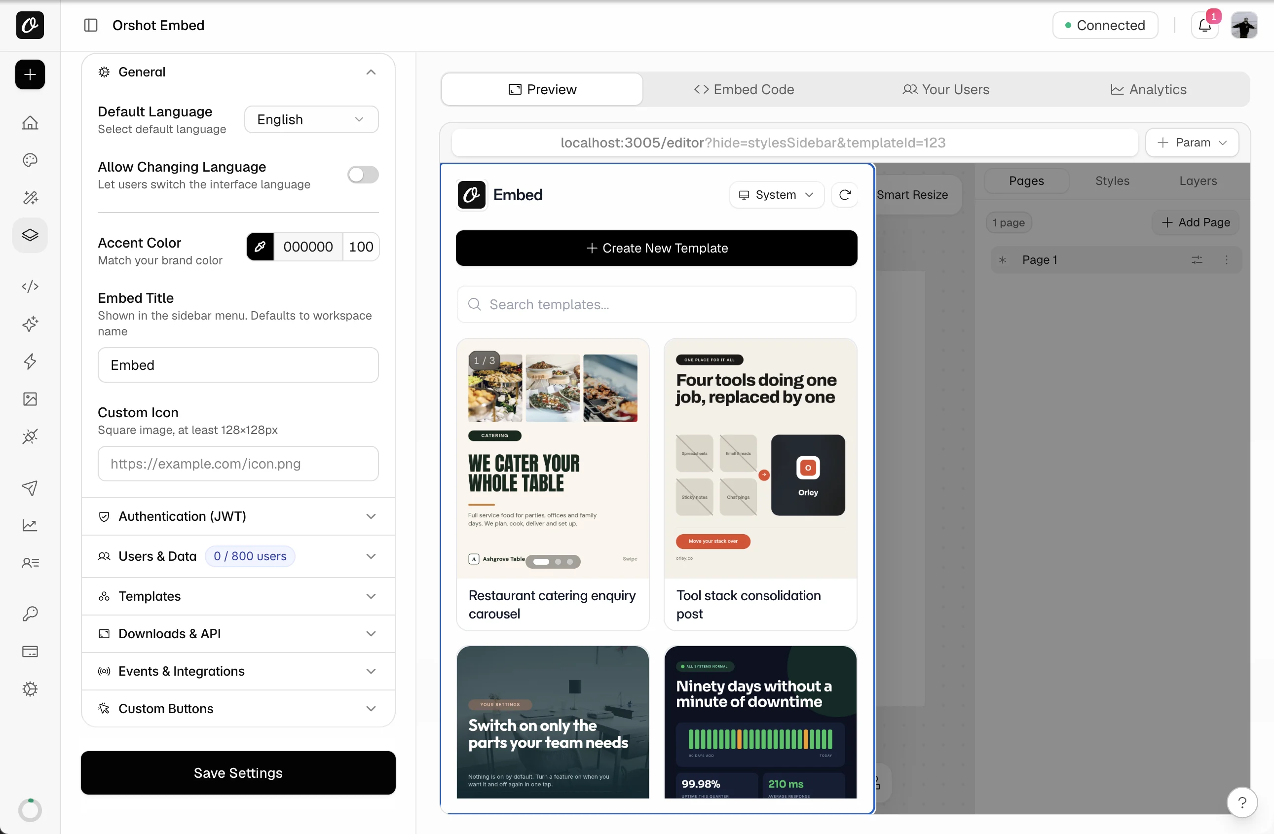 The General section of Orshot Embed settings: language, accent color, embed title and custom icon