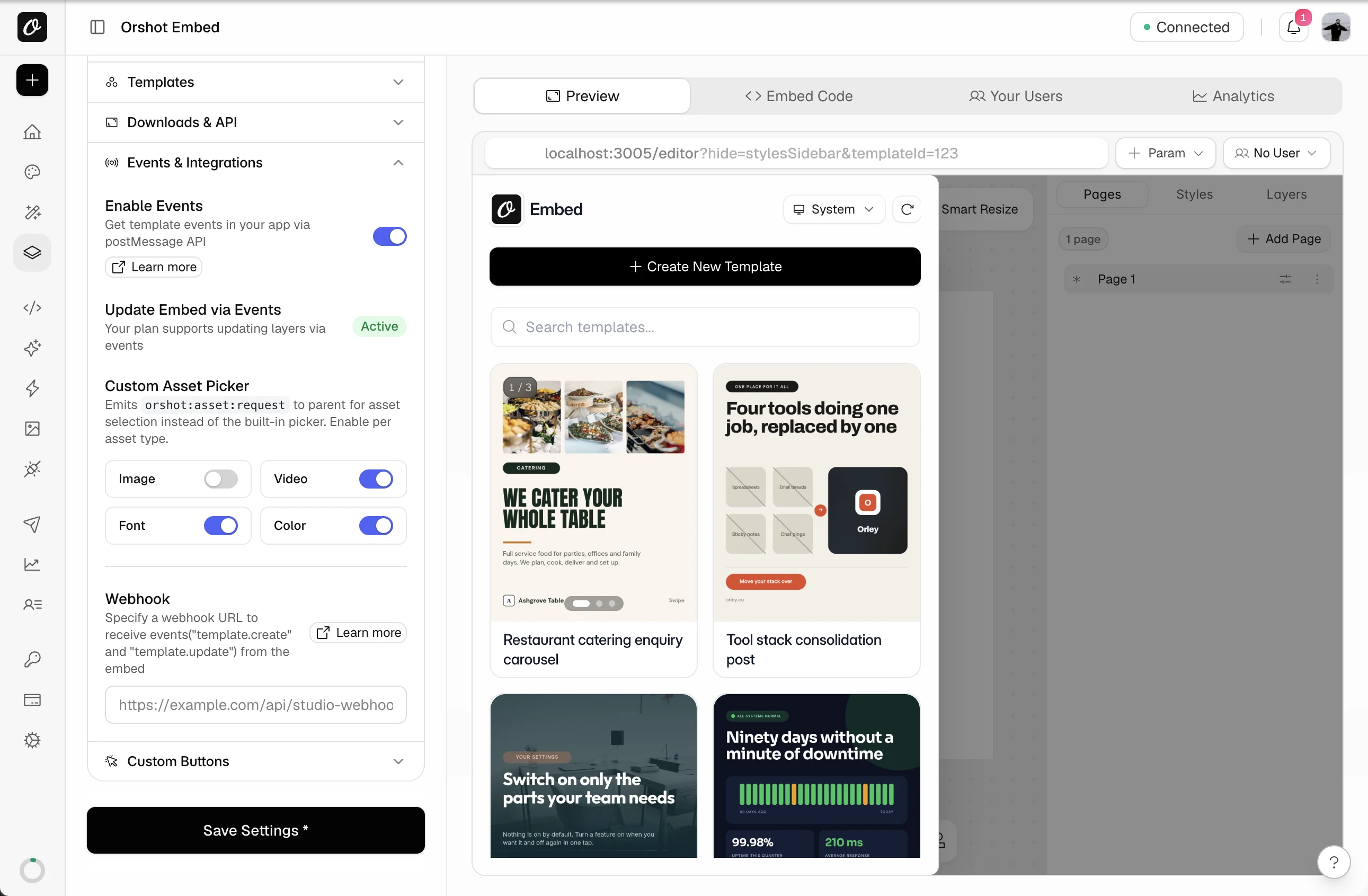 Events & Integrations settings: events on, embed control active, custom asset picker per type, webhook URL