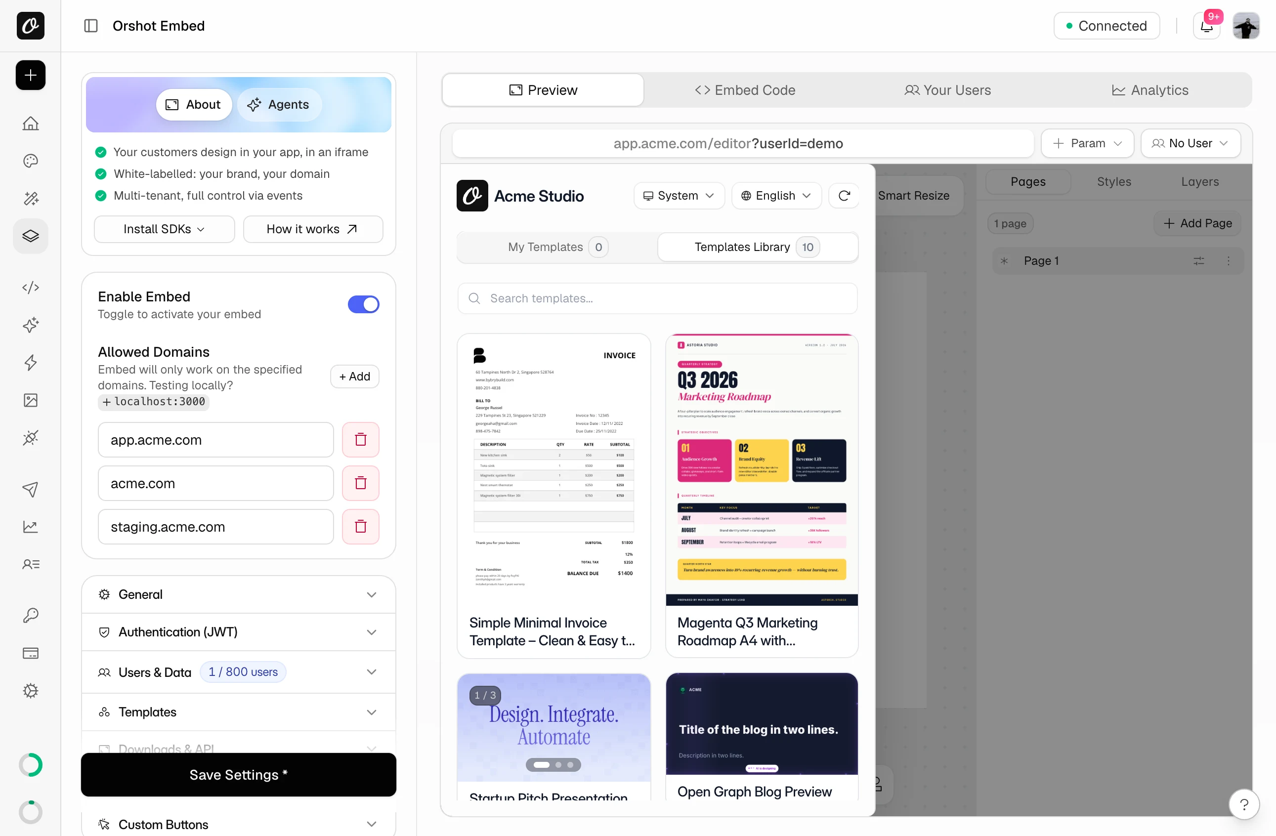 Orshot Embed settings with Enable Embed on, three allowed domains and a live preview of the editor