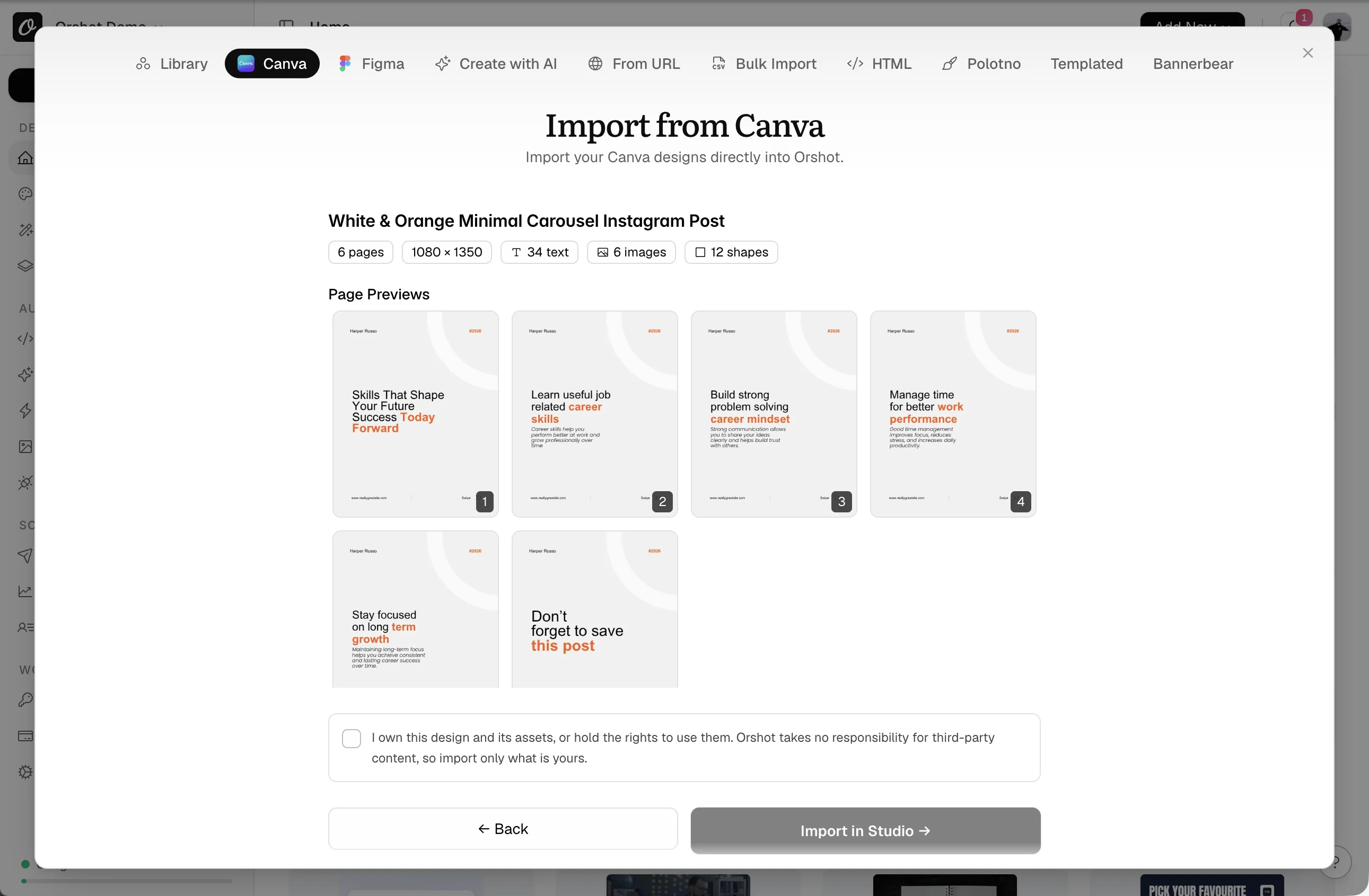 The Canva tab of Orshot's New Template dialog showing six page previews of an imported carousel