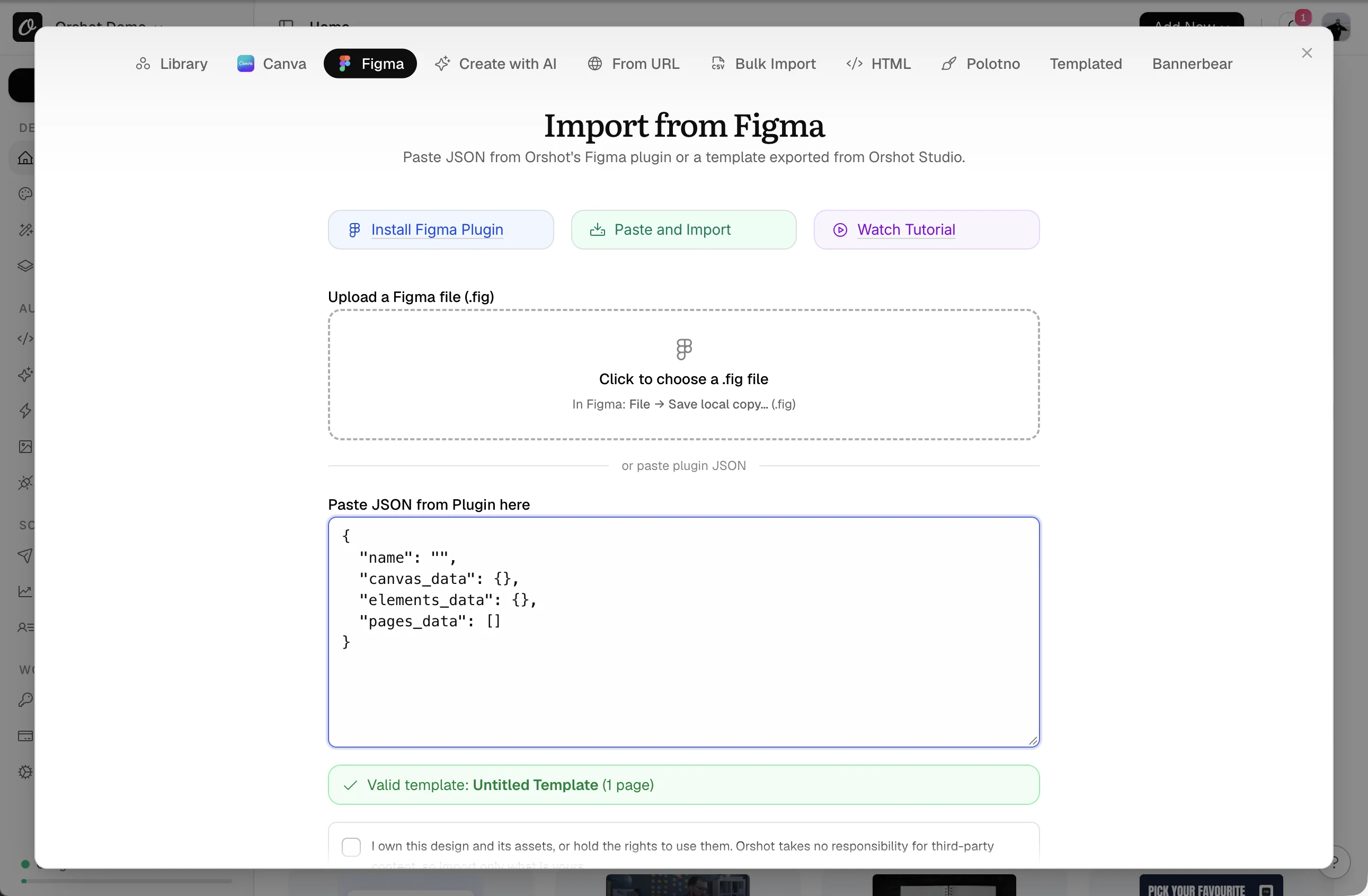 The Figma tab of Orshot's New Template dialog with a .fig upload area and a plugin JSON field