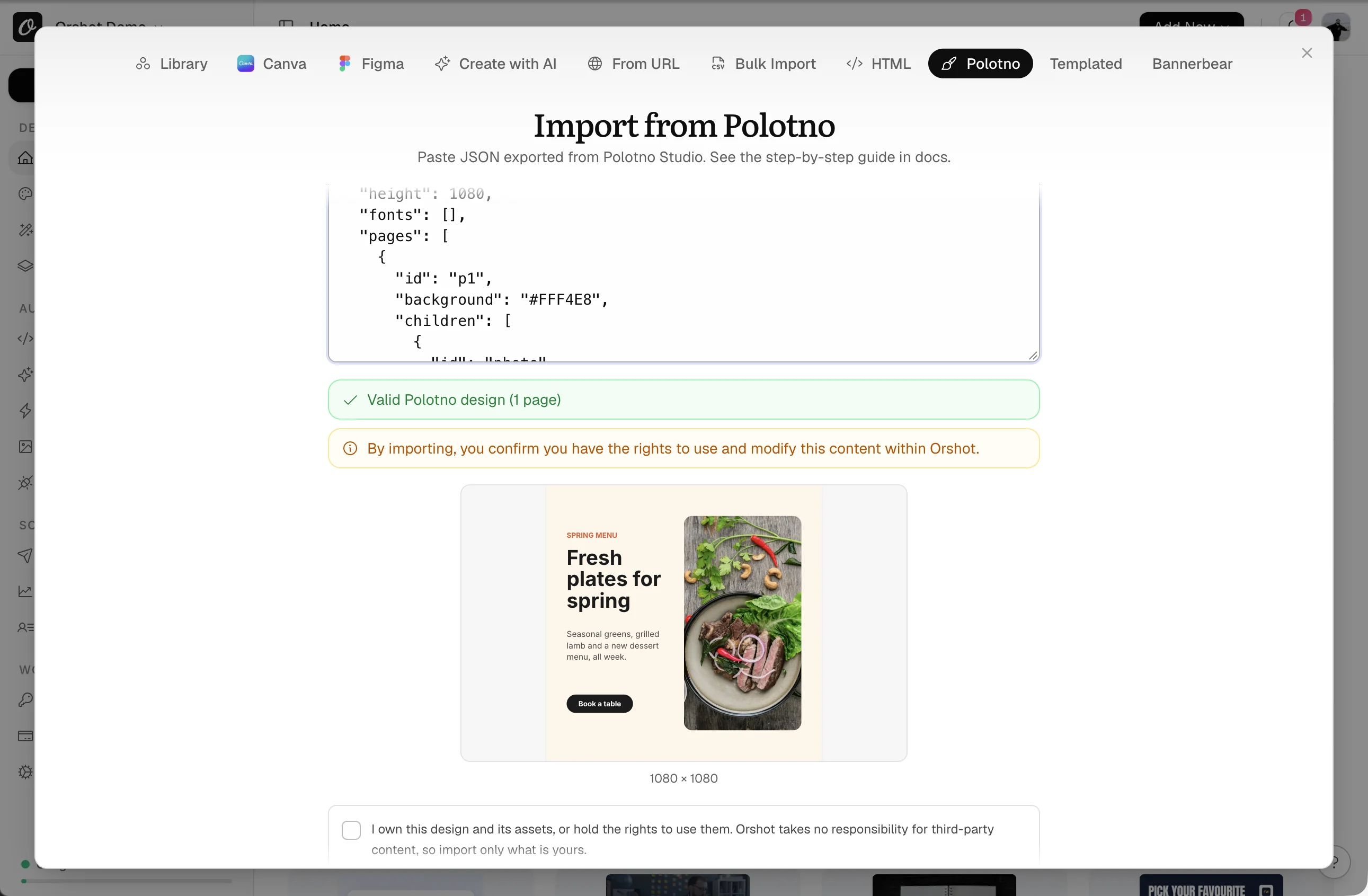 The Polotno tab of Orshot's New Template dialog with pasted JSON, a valid design badge and a preview