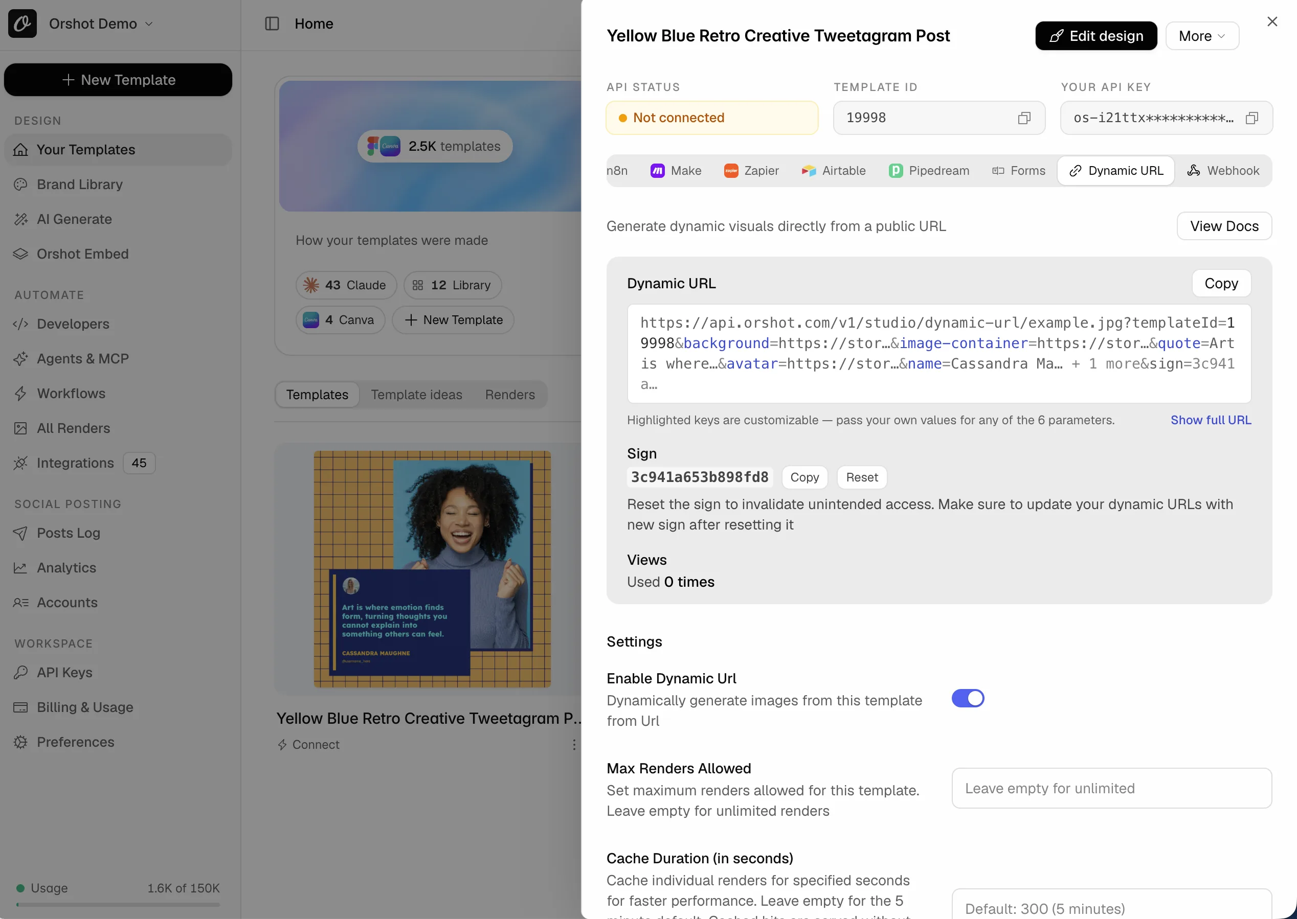 Quick Connect, Dynamic URL tab: the signed link with each parameter highlighted, and the enable toggle