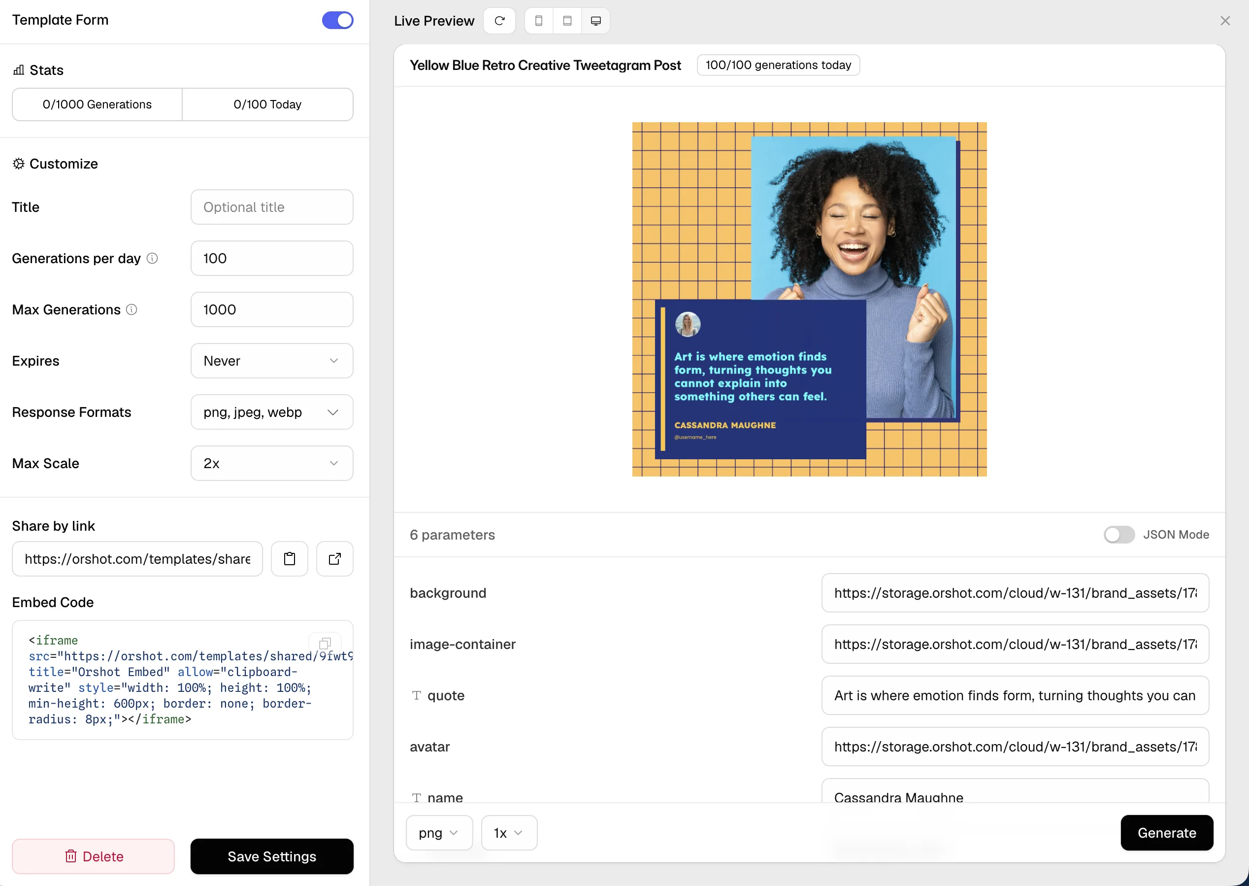 Template Form editor: limits and formats on the left, a live preview of the form on the right