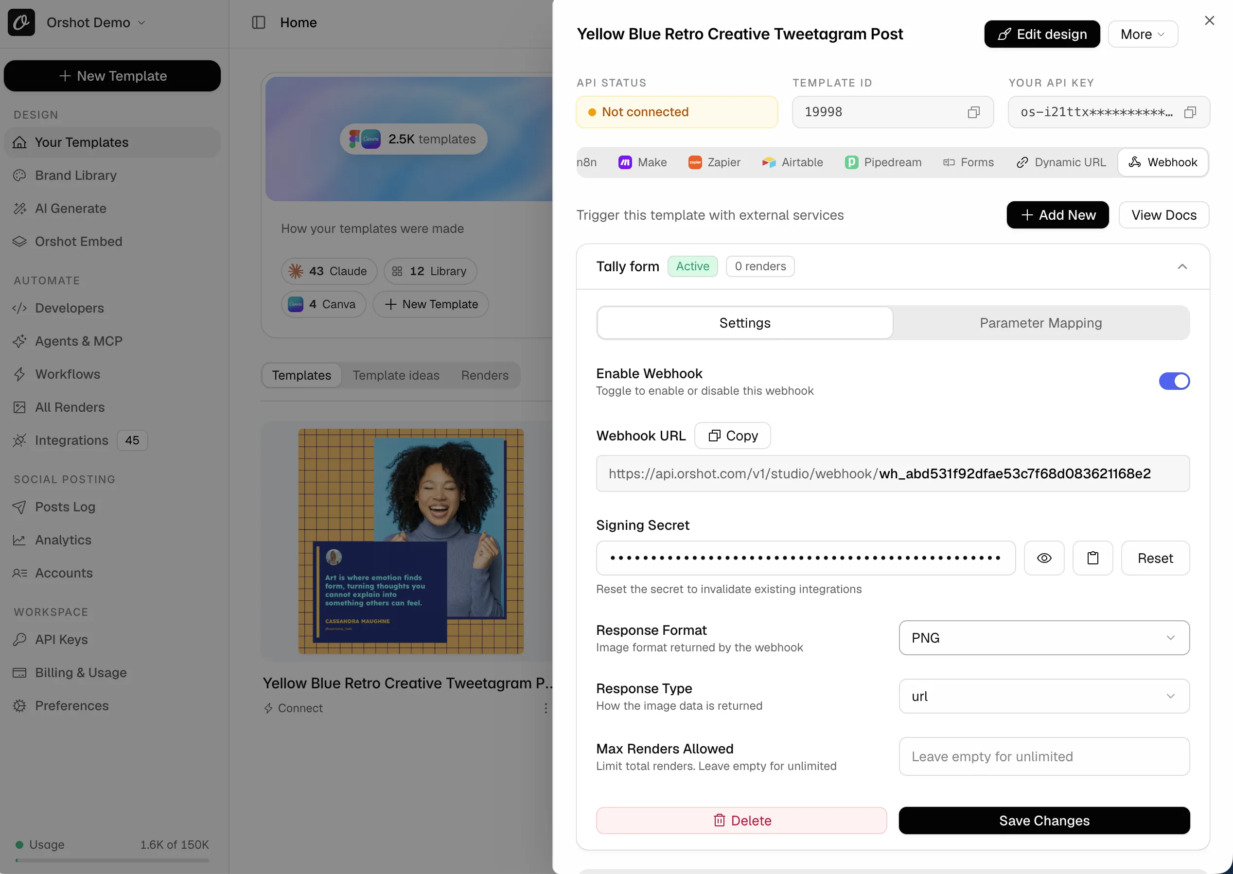 Quick Connect, Webhook tab: a webhook named Tally form with its URL, signing secret and response format