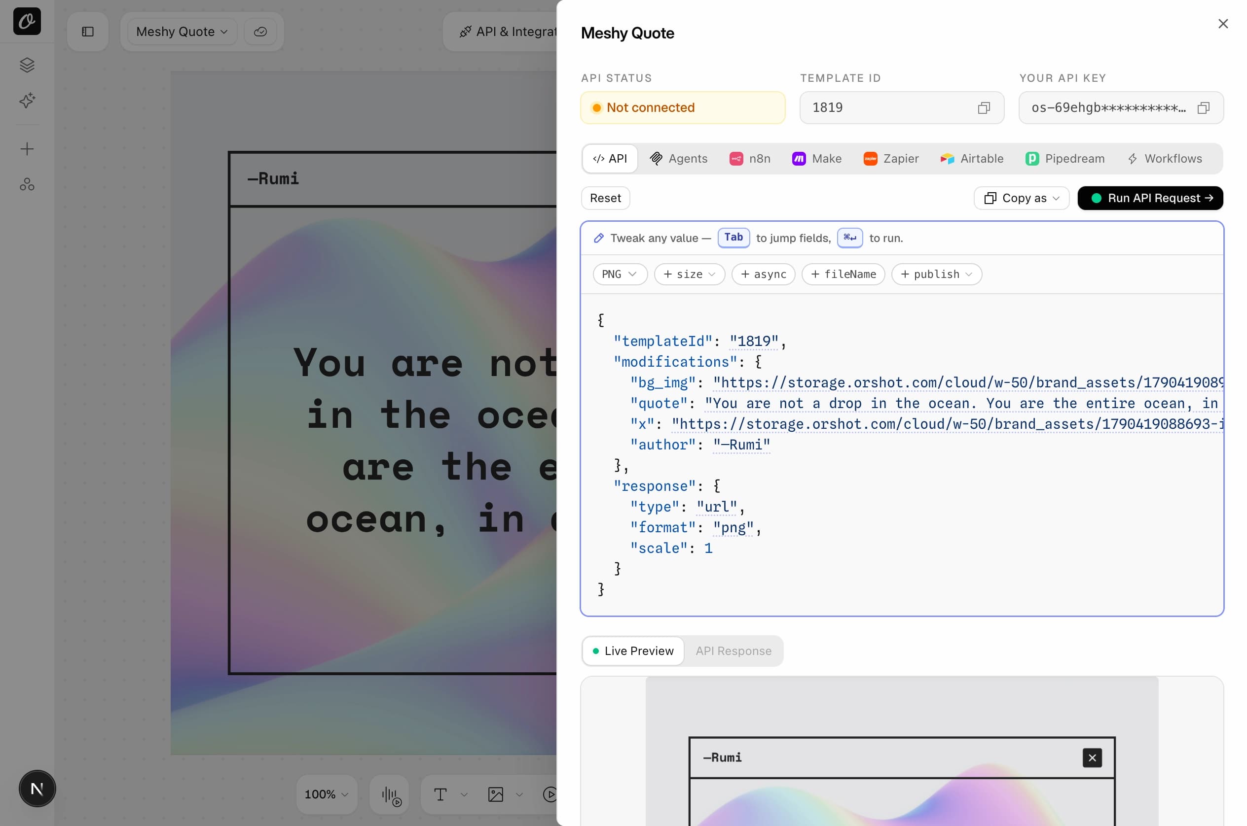 The API tab of the imported template in Orshot, with every Placid layer name as an API parameter in a ready request