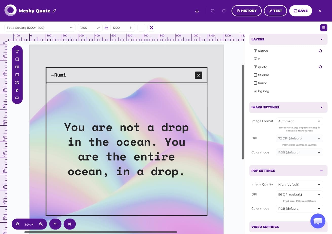 A template open in the Placid editor: the canvas in the middle, the layer list and image settings on the right