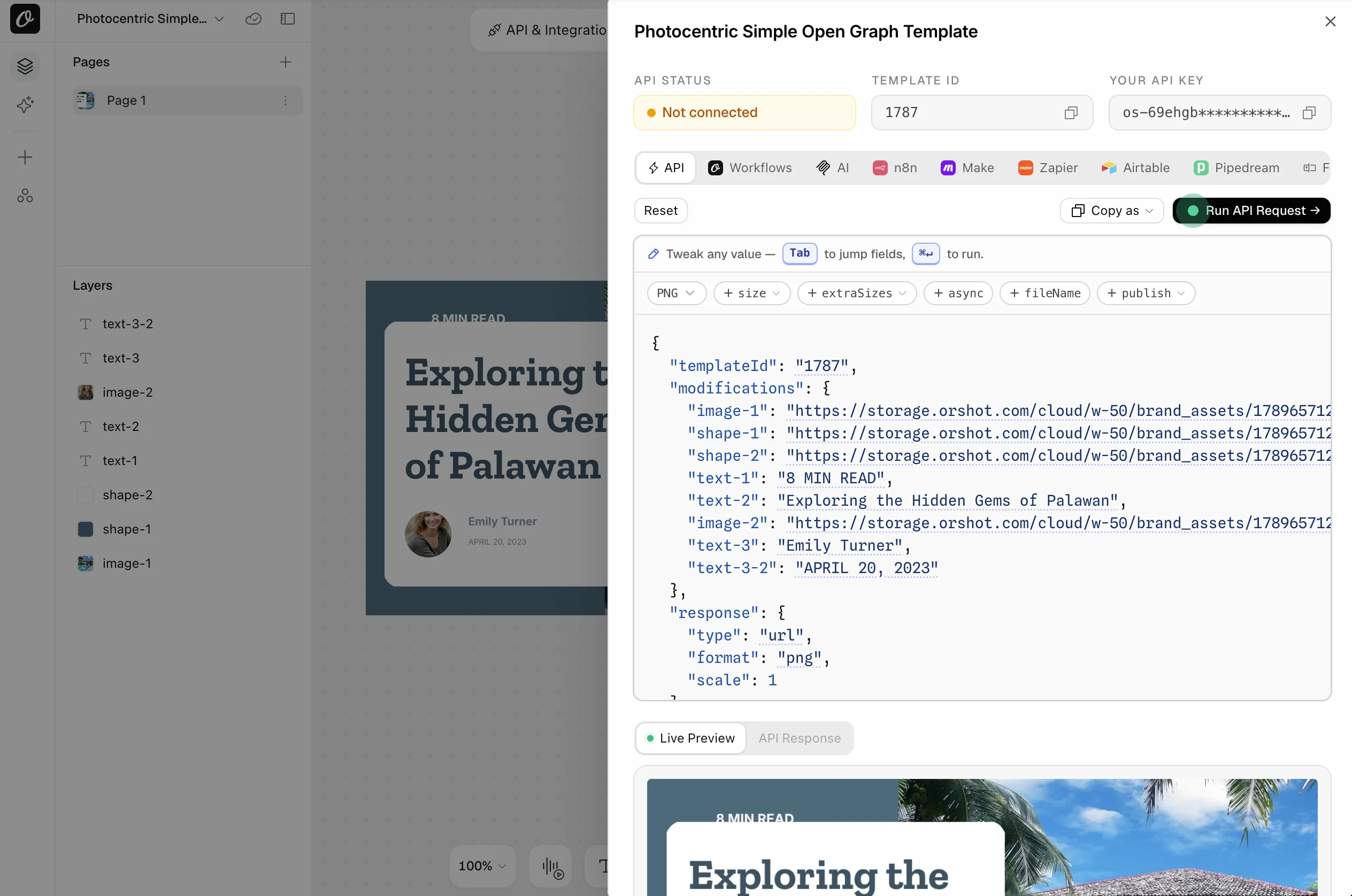 The API tab of the imported template in Orshot, with every Templated layer name as an API parameter in a ready request