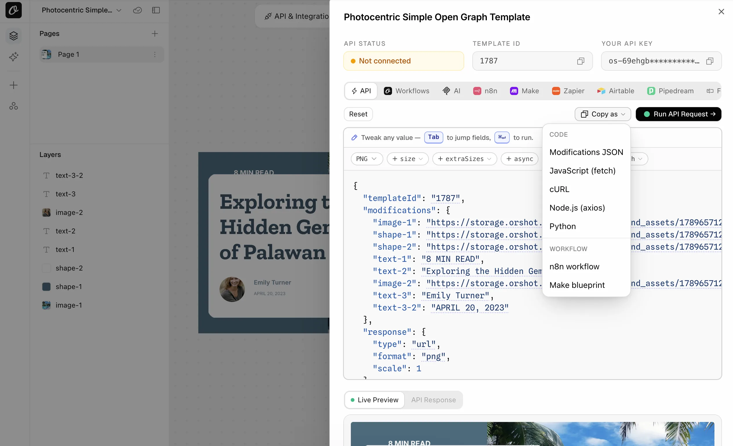 Quick Connect with the Copy as menu open: n8n workflow and Make blueprint