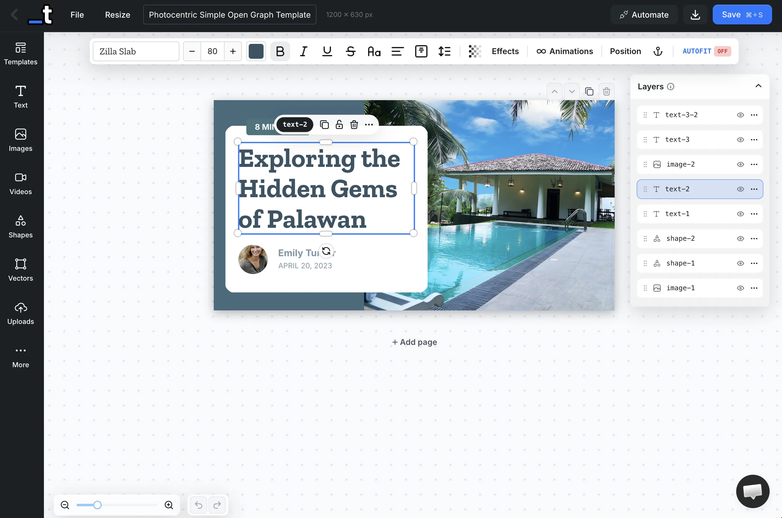 A template open in the Templated editor: the title layer selected, its text toolbar above, the layer list on the right