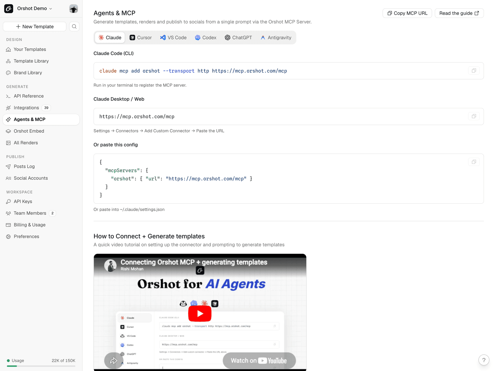 Orshot's Agents & MCP page — connect Claude, Cursor and ChatGPT to generate and render visuals