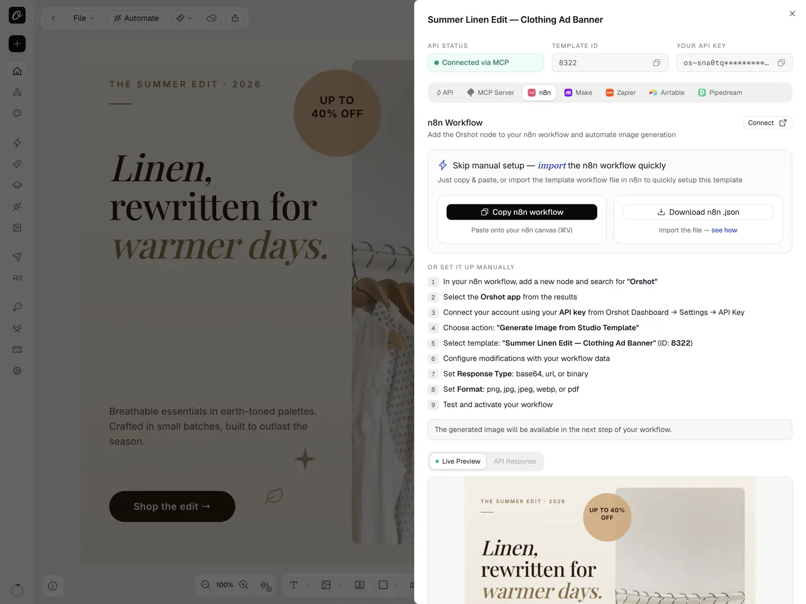 Orshot connect sheet for a banner template — no-code n8n workflow with a live preview