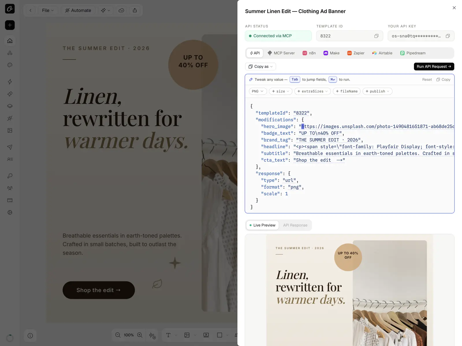 Orshot generating an on-brand ad banner from a template with a live preview