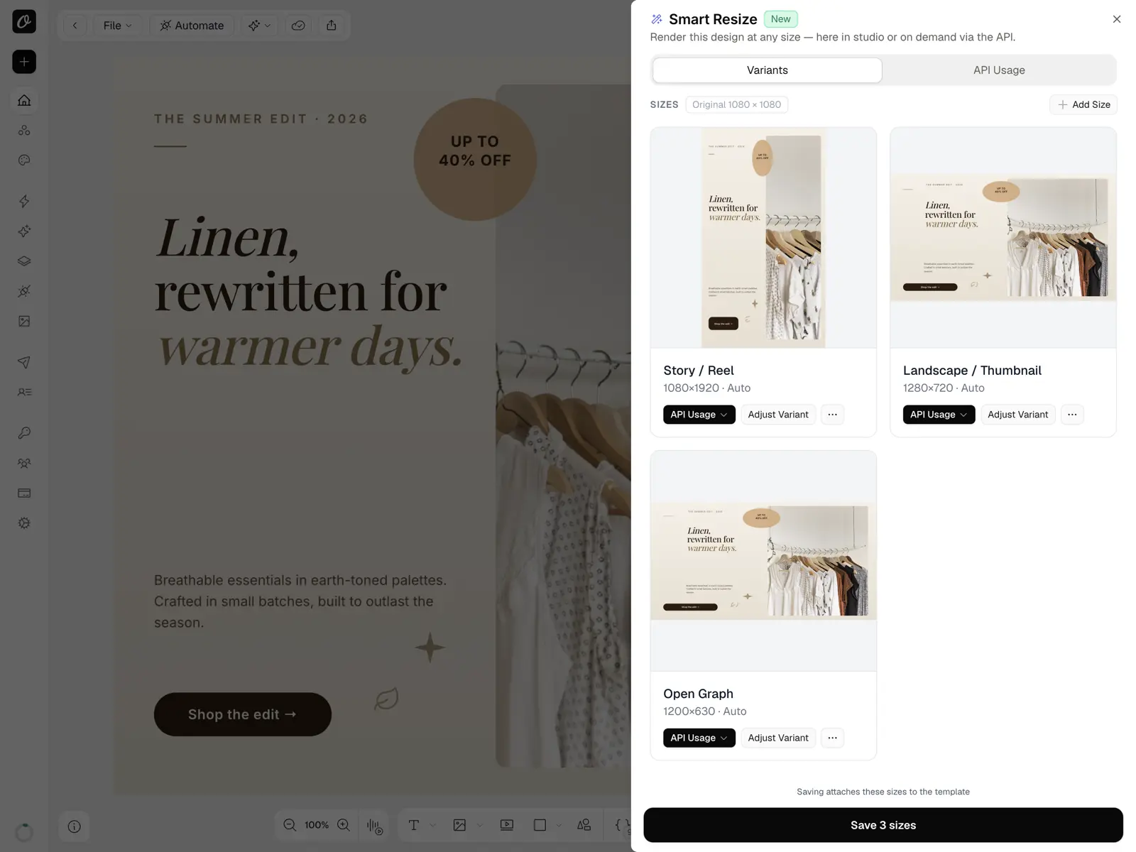 Orshot Smart Resize re-laying one ad banner into Story, square and landscape sizes
