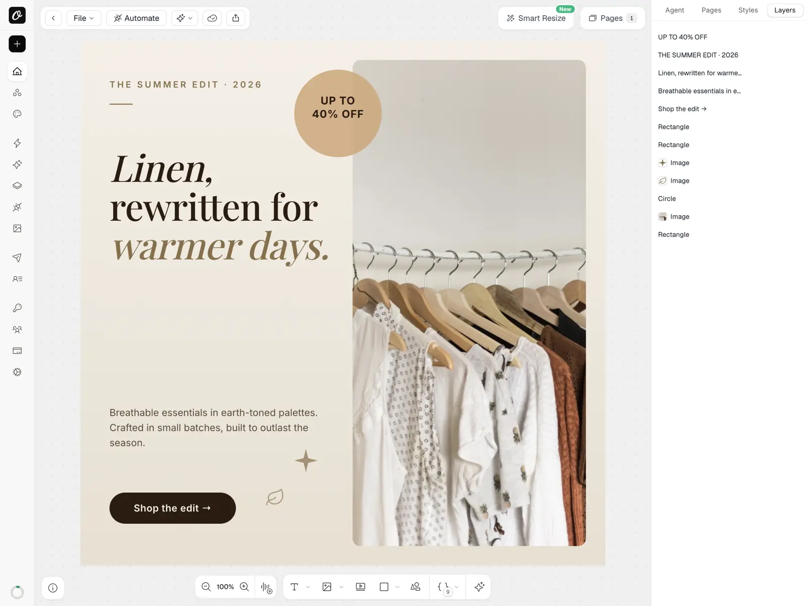 Orshot Studio editor with an ad banner template and the layers panel open