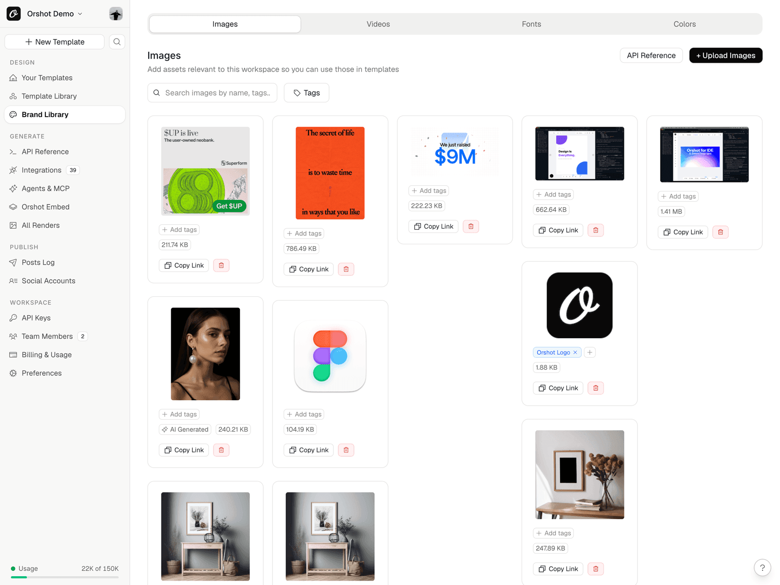 Orshot brand library — centralized images, fonts and colors that templates pull from