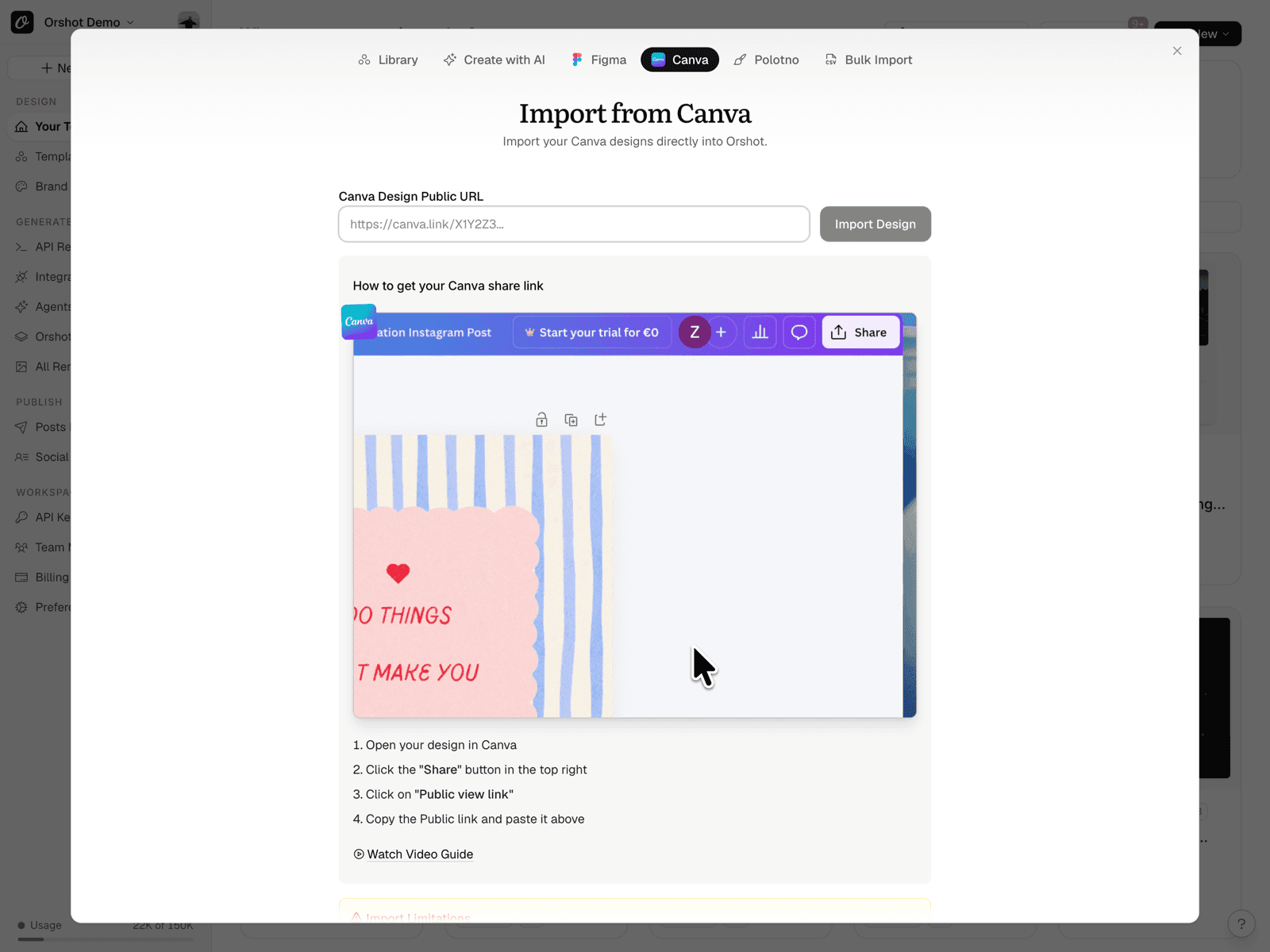 Orshot's Import from Canva dialog — paste a Canva share link to import the design