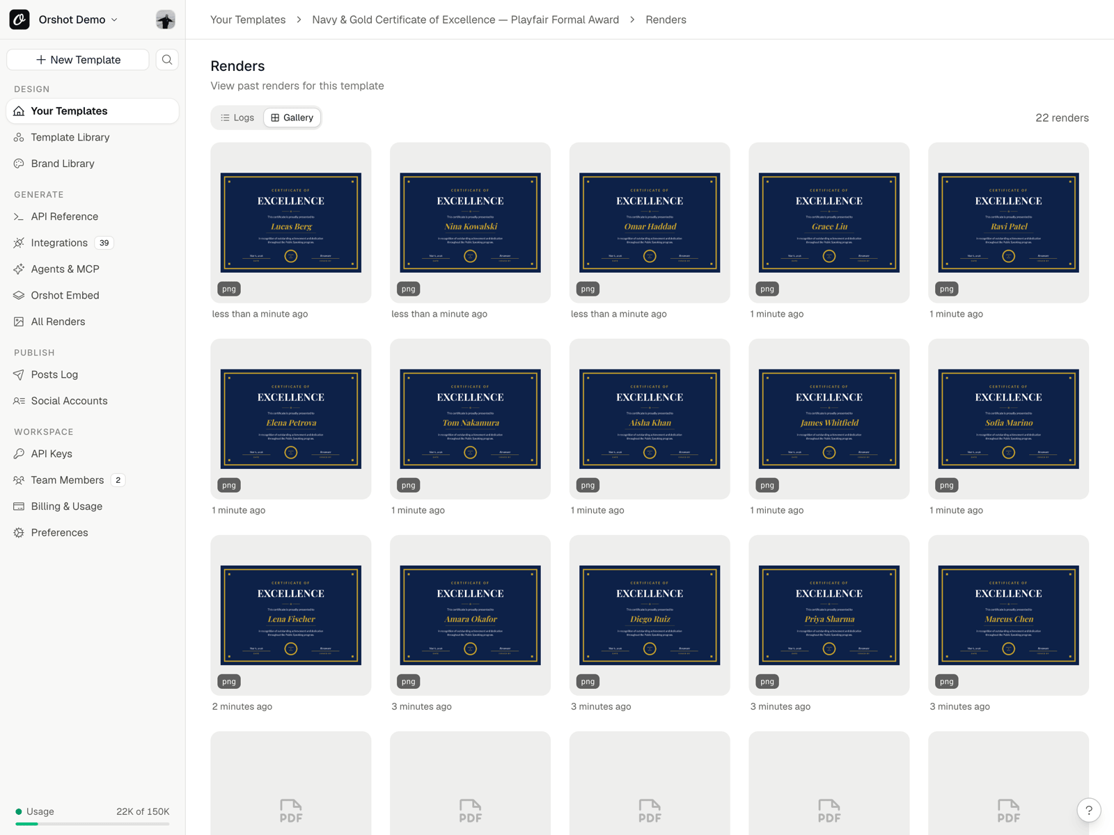 Orshot render log showing a gallery of personalized certificates generated from one template