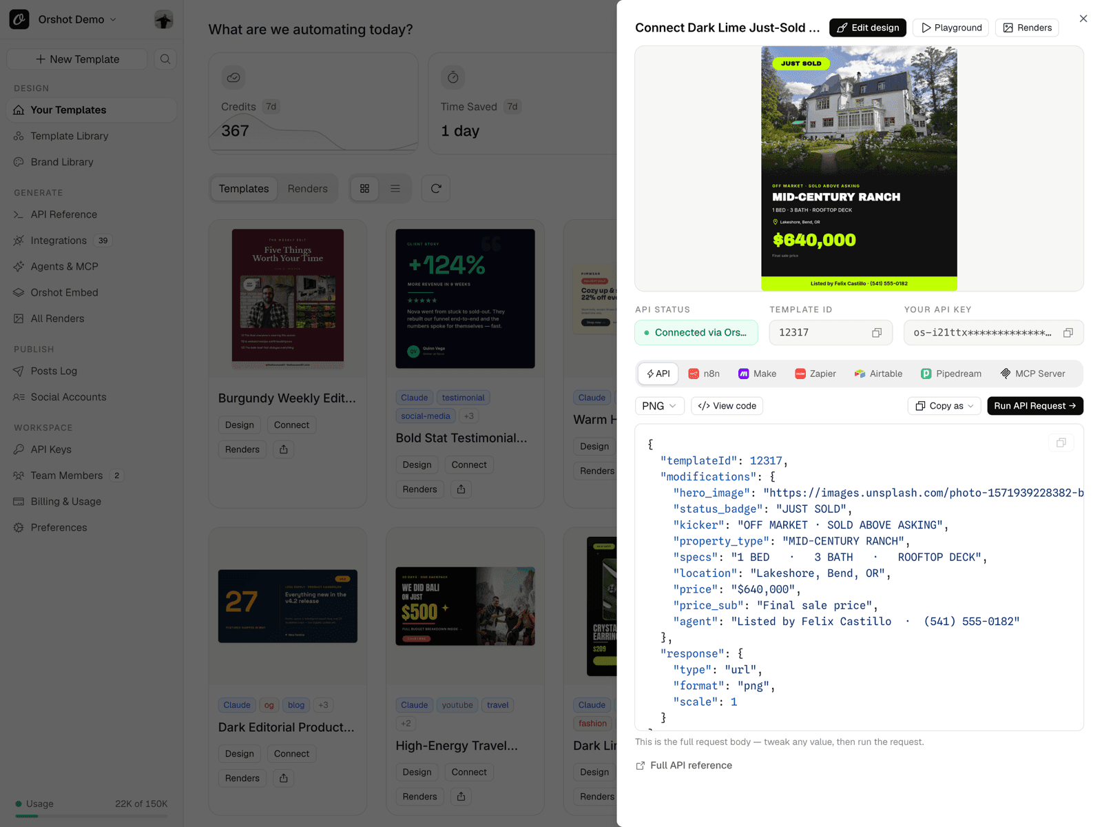 Orshot quick-connect sheet — a template's full API request body ready to batch render with your data