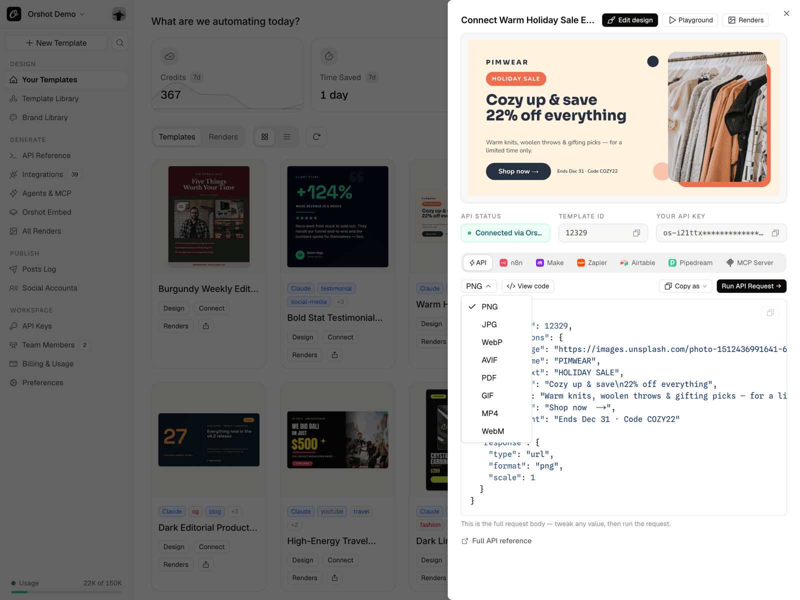 Orshot quick-connect sheet with the format dropdown open — PNG, JPG, WebP, AVIF, PDF, GIF, MP4 and WebM
