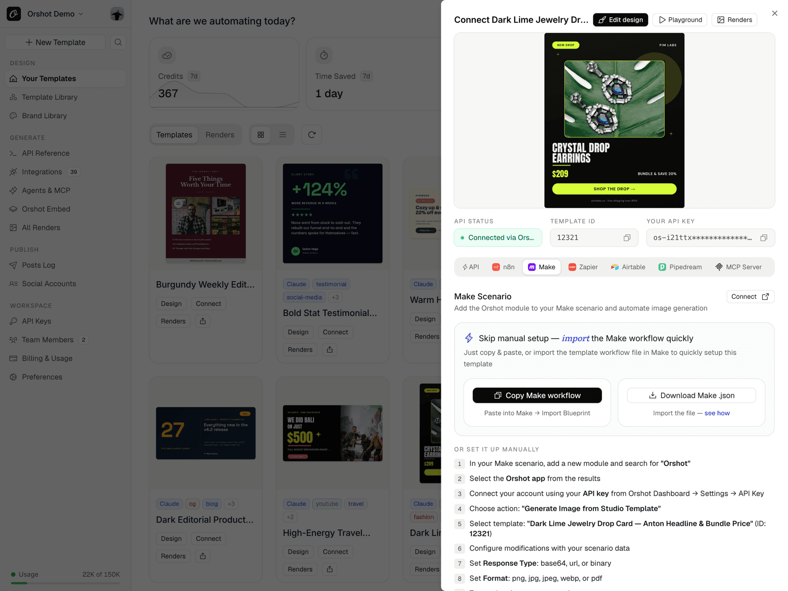 Orshot quick-connect sheet showing a ready-to-import Make scenario for an imported Canva design