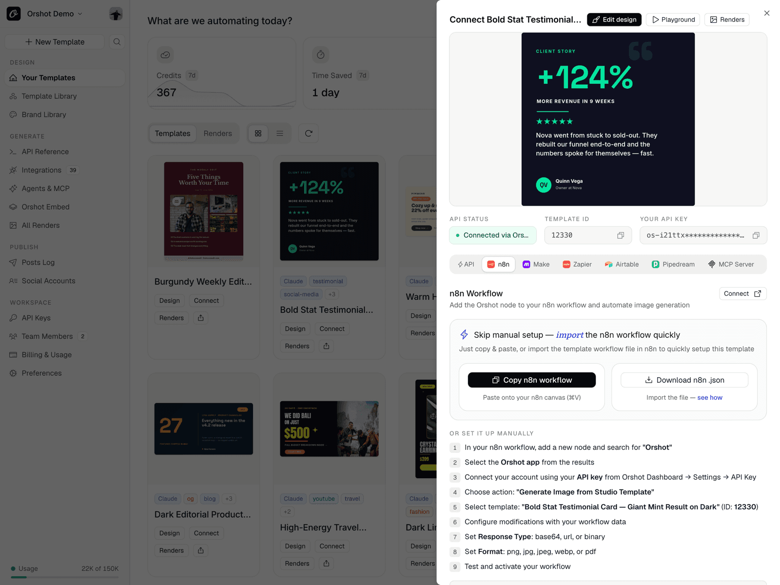 Orshot n8n quick-connect workflow for automated agency campaign production