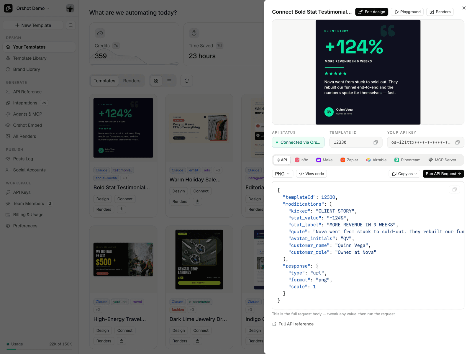 Orshot quick-connect sheet — pre-filled API request with template preview and integration tabs