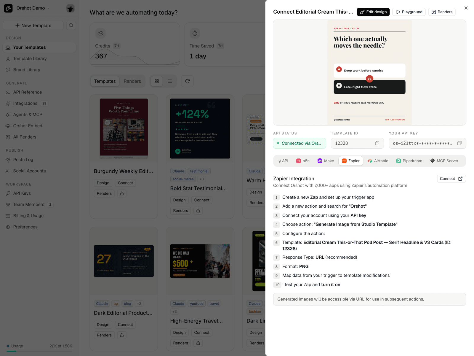 Orshot quick-connect sheet with step-by-step Zapier integration for a social post template