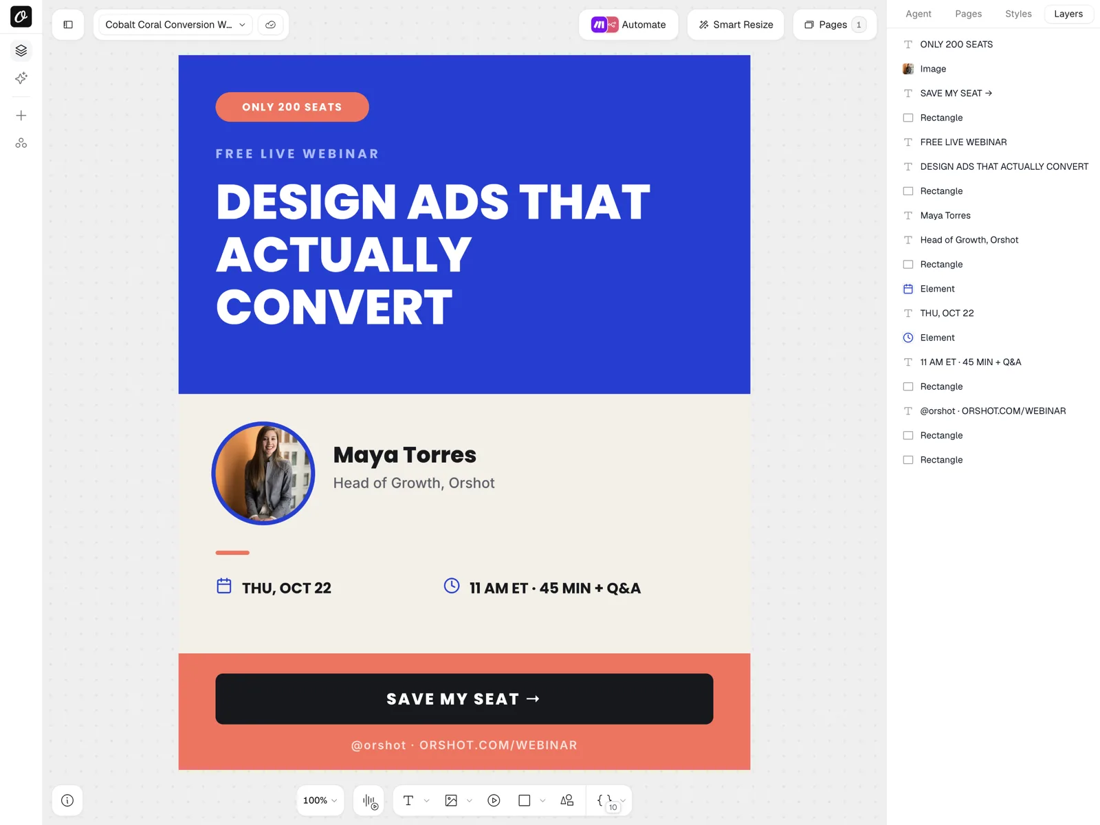 Orshot Studio editor with an ad creative and its dynamic layers
