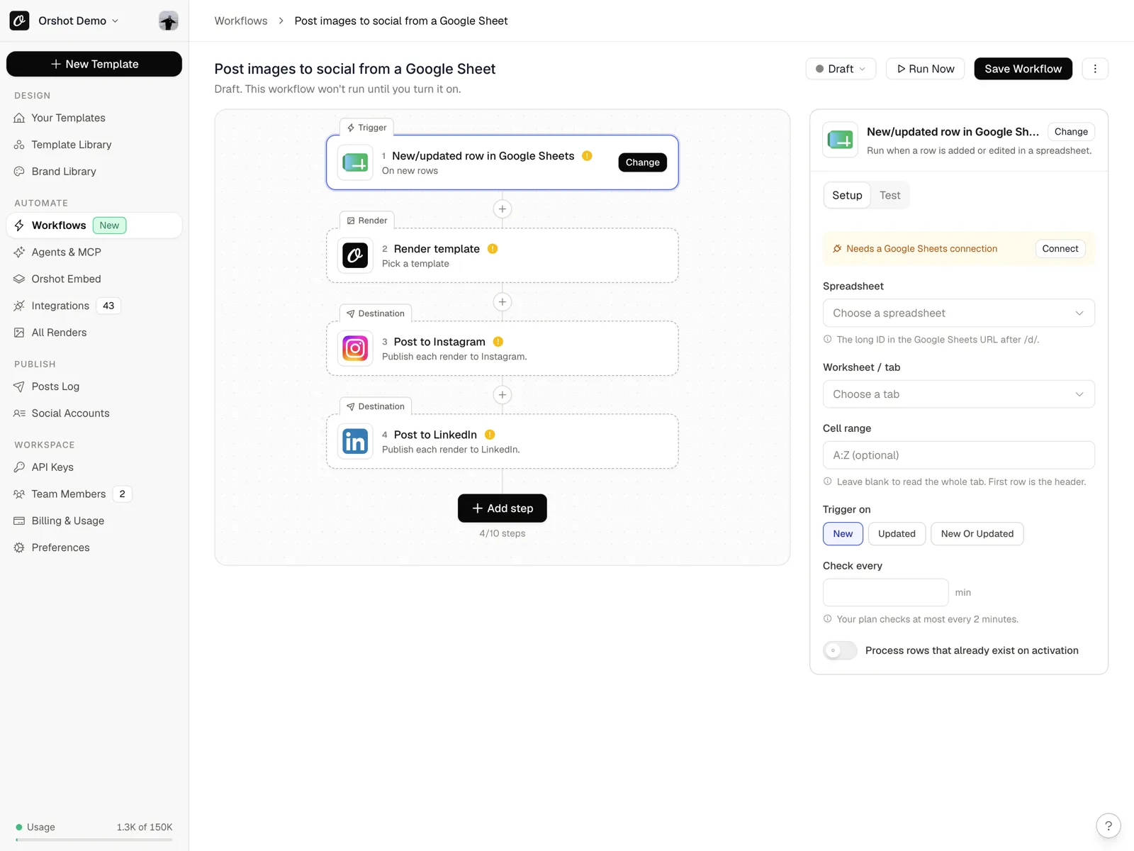 Orshot workflow builder scheduling and publishing creatives automatically