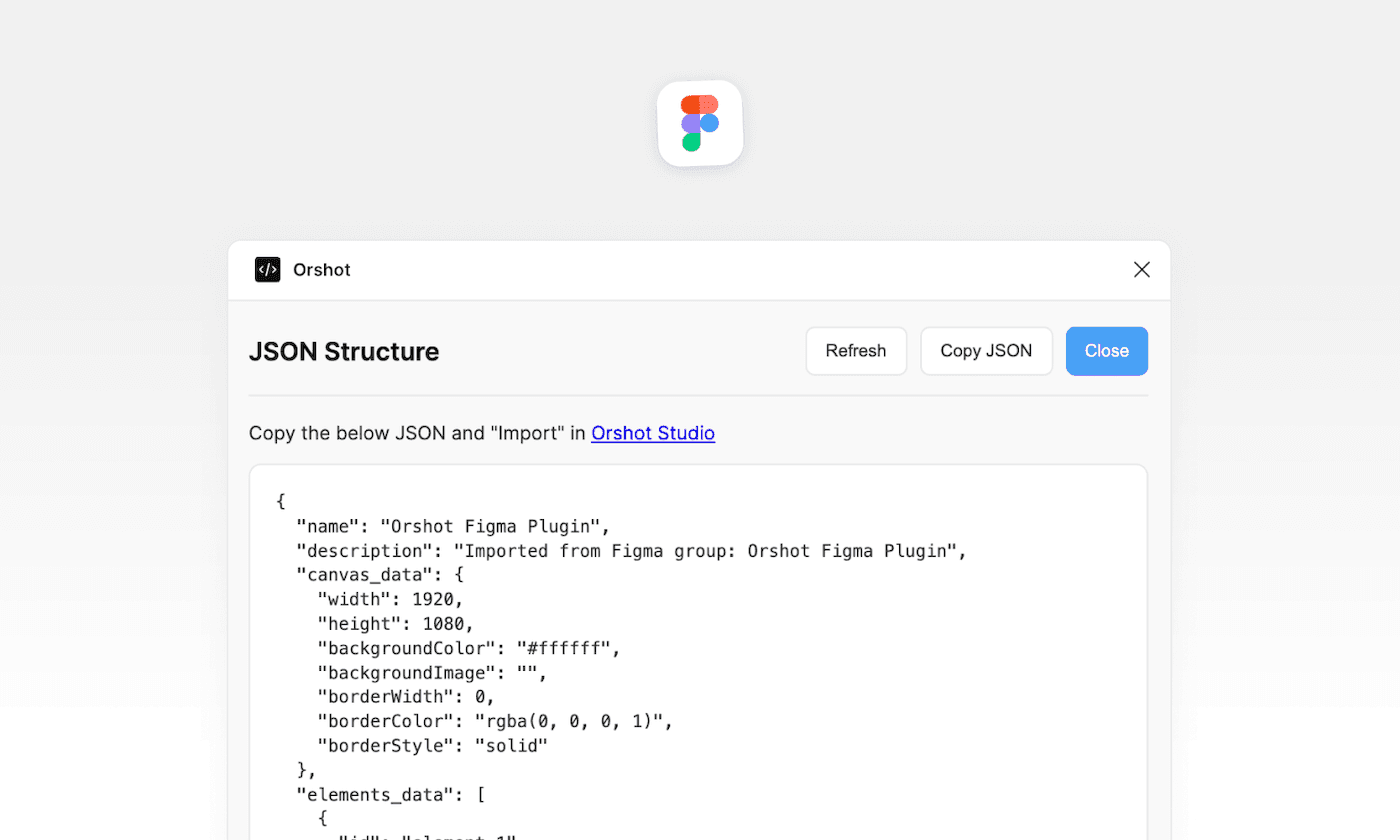 The official Orshot Figma plugin exporting a frame's structure for import into Orshot Studio