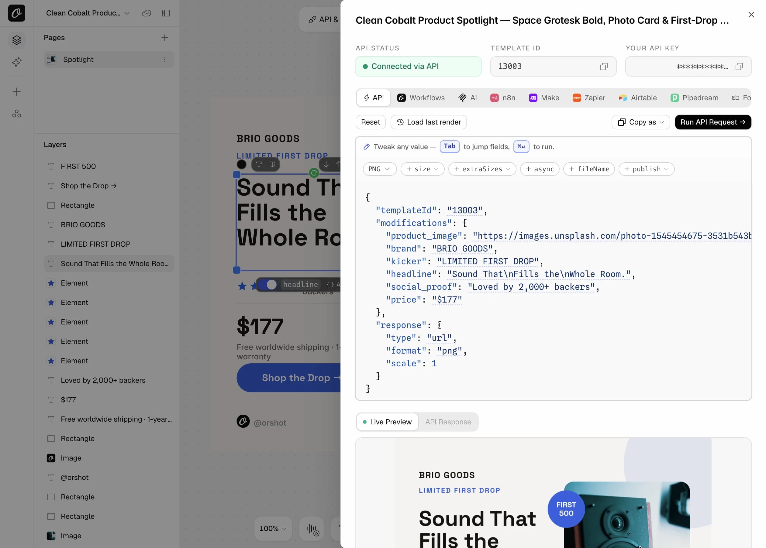 The API panel for an image template with the request and a live preview
