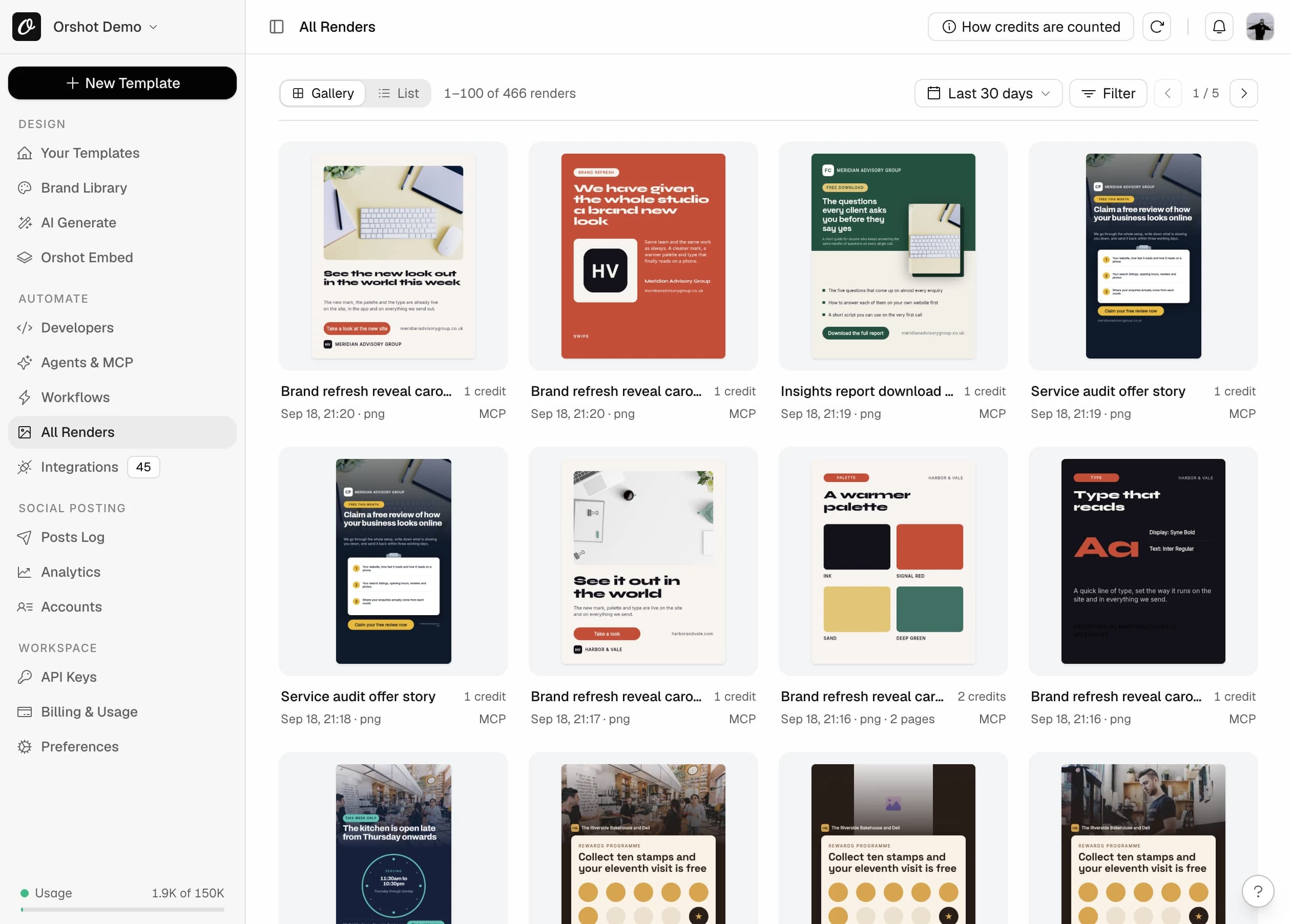 The renders view listing generated images