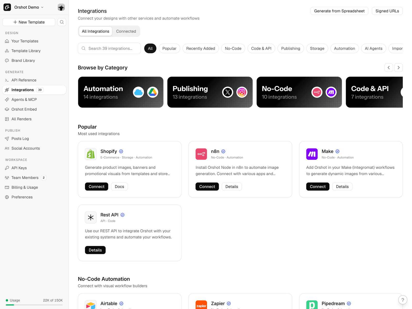Orshot integrations — automation, publishing, no-code and API integrations including n8n, Make and Shopify