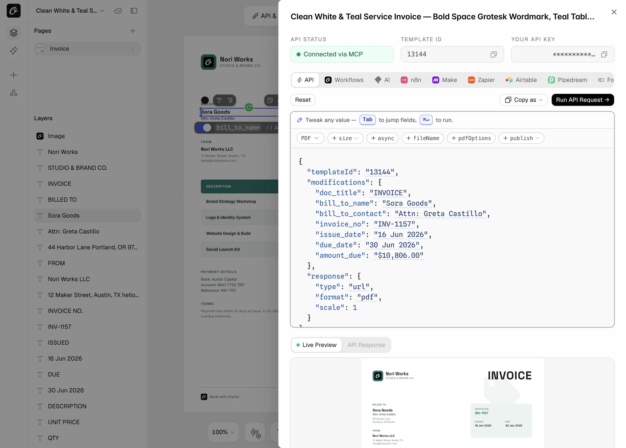 The API panel for an invoice template with the request set to PDF