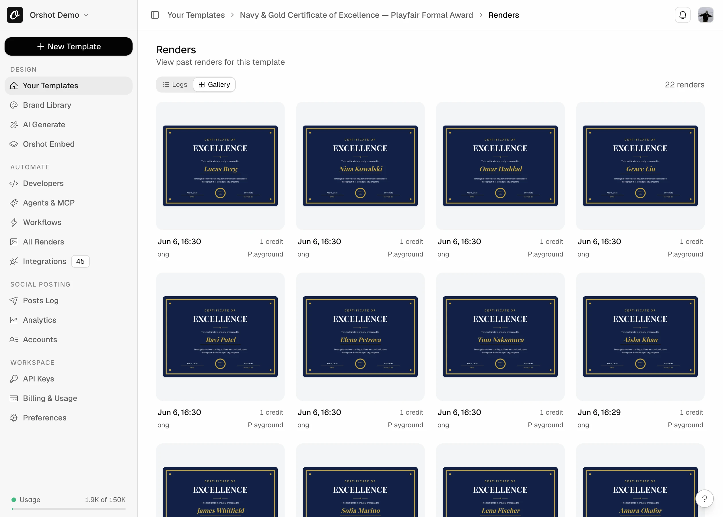 The render log showing certificates generated from one template