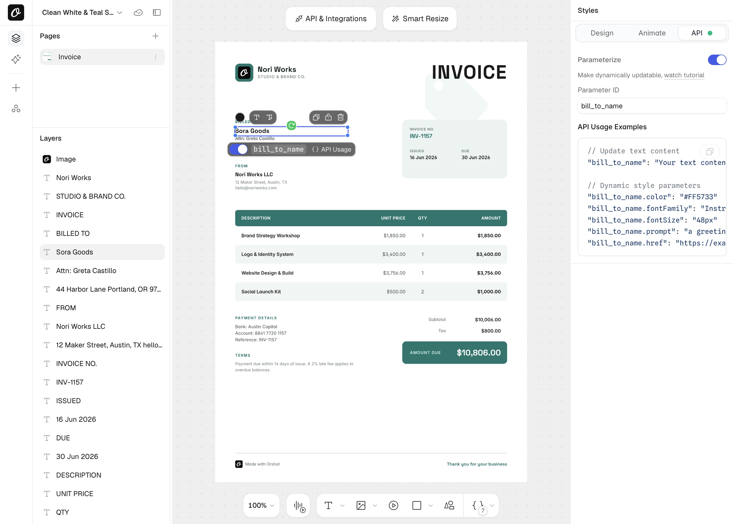An invoice layer marked as a dynamic API parameter in Orshot Studio