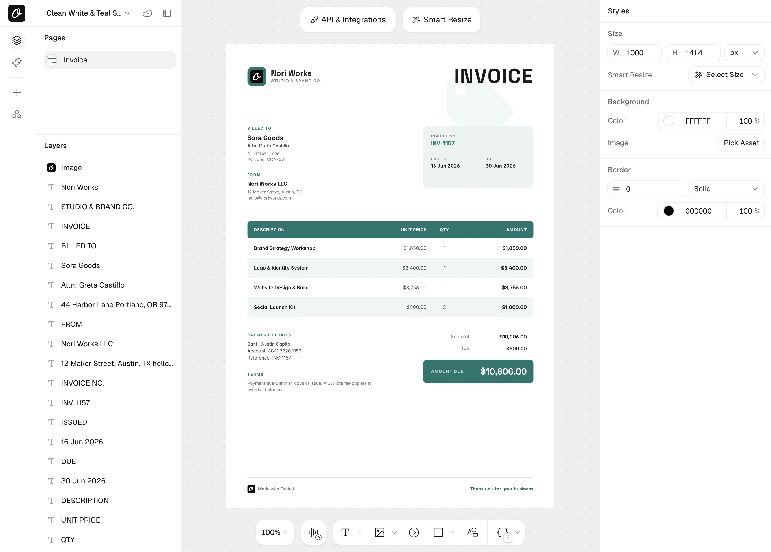 A service invoice template open in Orshot Studio