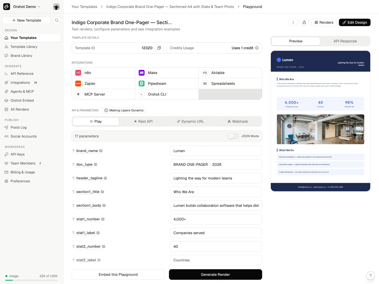 Orshot template playground rendering an A4 corporate one-pager with dynamic parameters