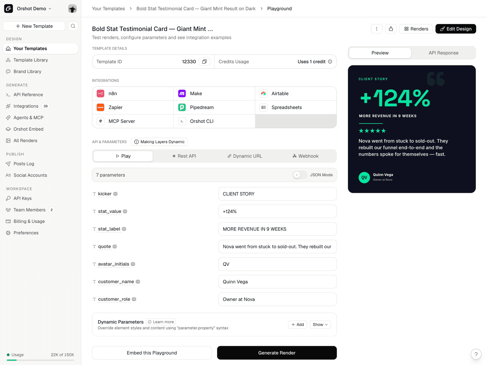 An Orshot template with its parameters, integrations and live preview — the automated visual pipeline in one view