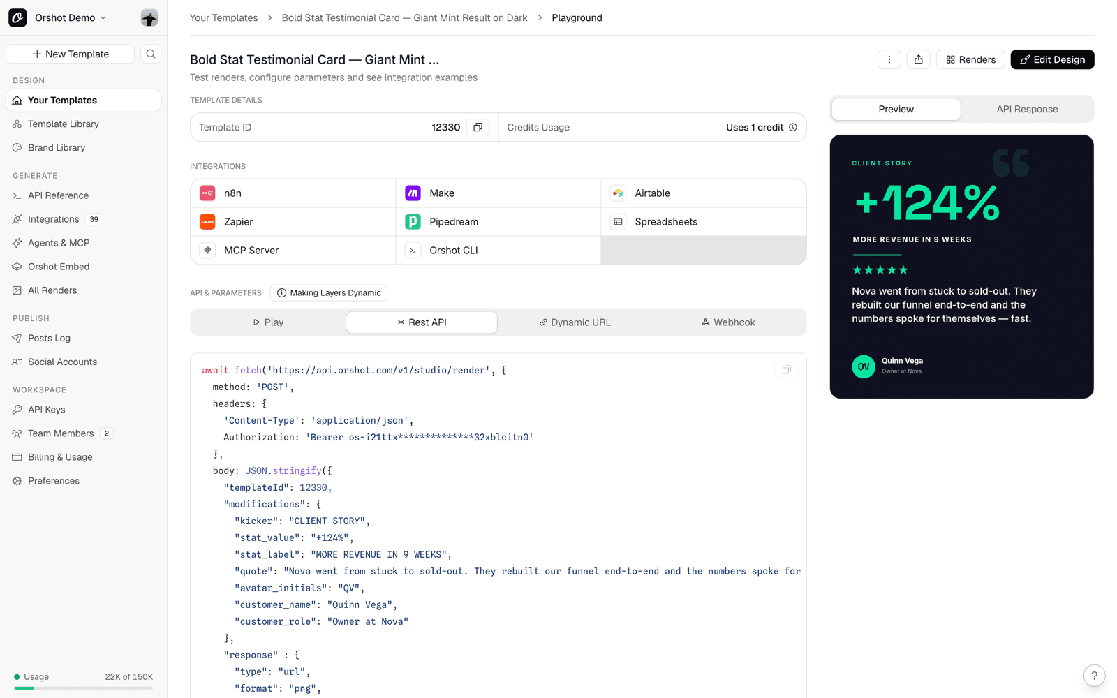 Orshot template playground — REST API request with live template preview