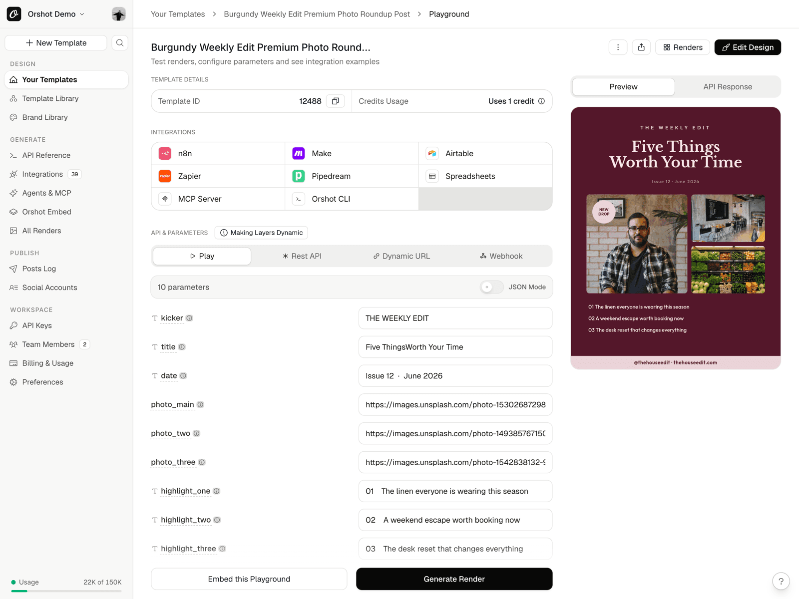 Orshot template playground for an animated social video template with dynamic parameters