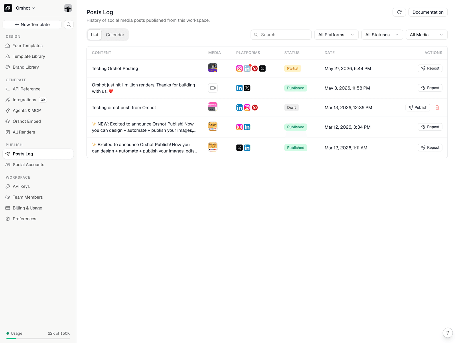 Orshot posts log showing generated campaign assets published for client social accounts