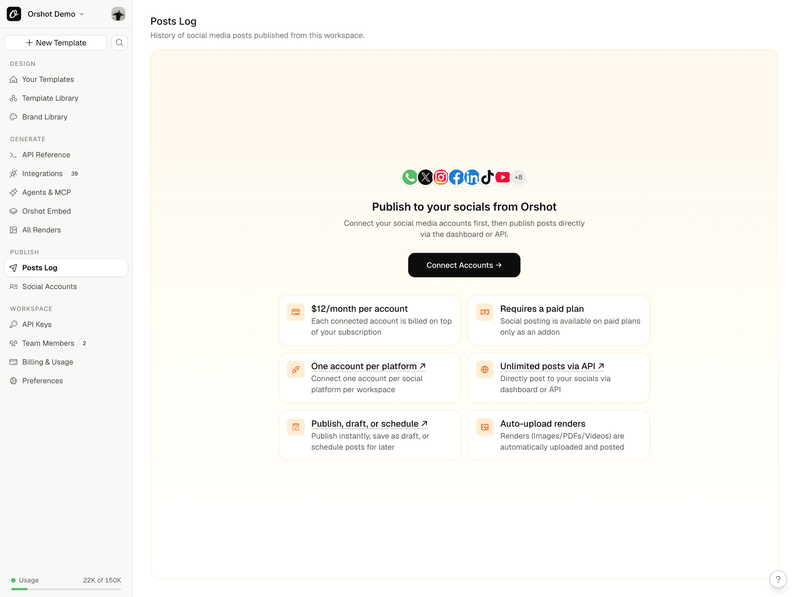 Orshot's publish surface — connect social accounts and every render can post, draft or schedule itself