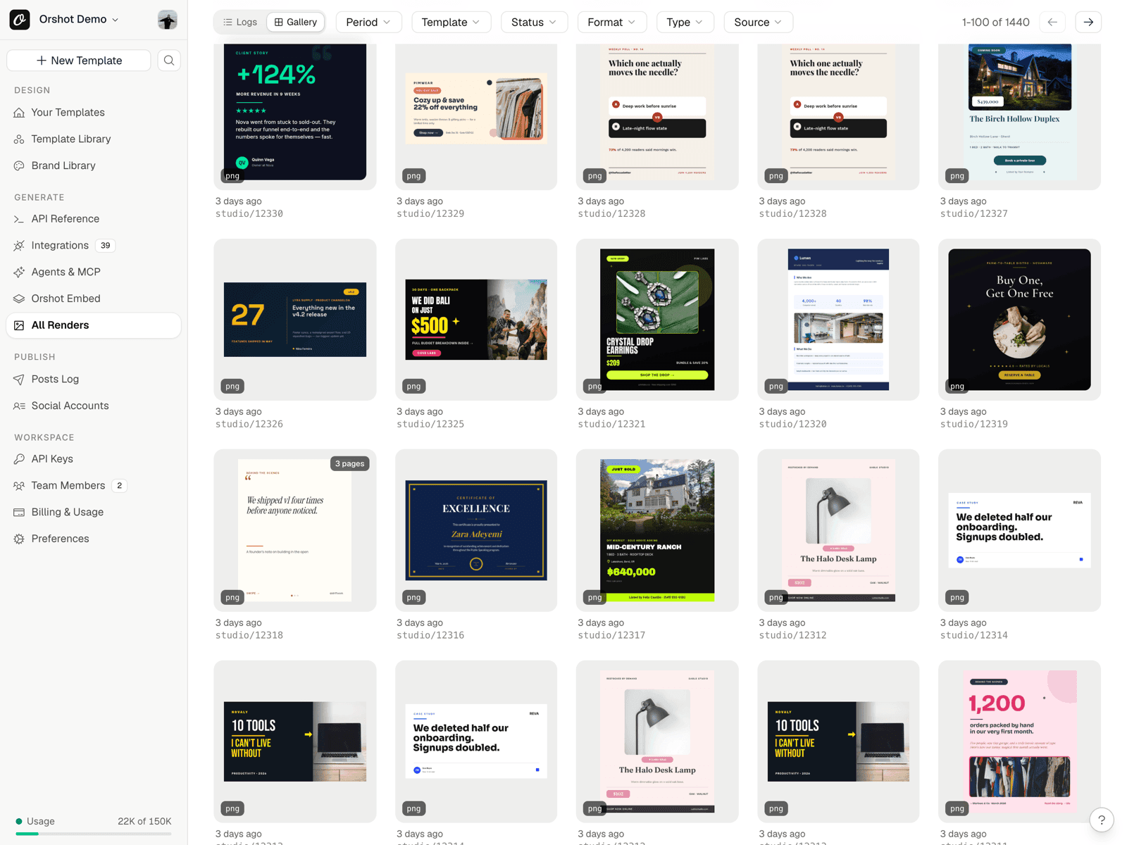 Orshot render gallery showing invoices, certificates, sale banners, product ads, and social graphics all generated from templates