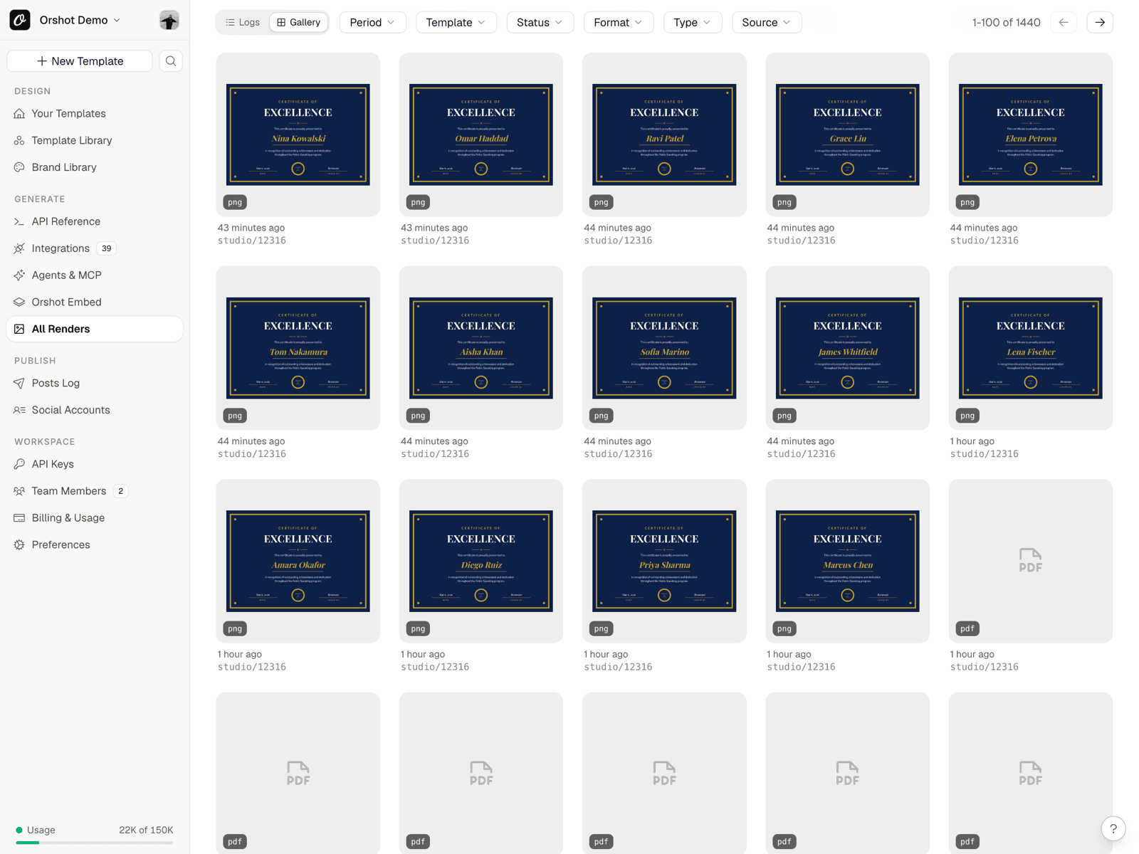 Orshot render log gallery filled with personalized variants generated from one template