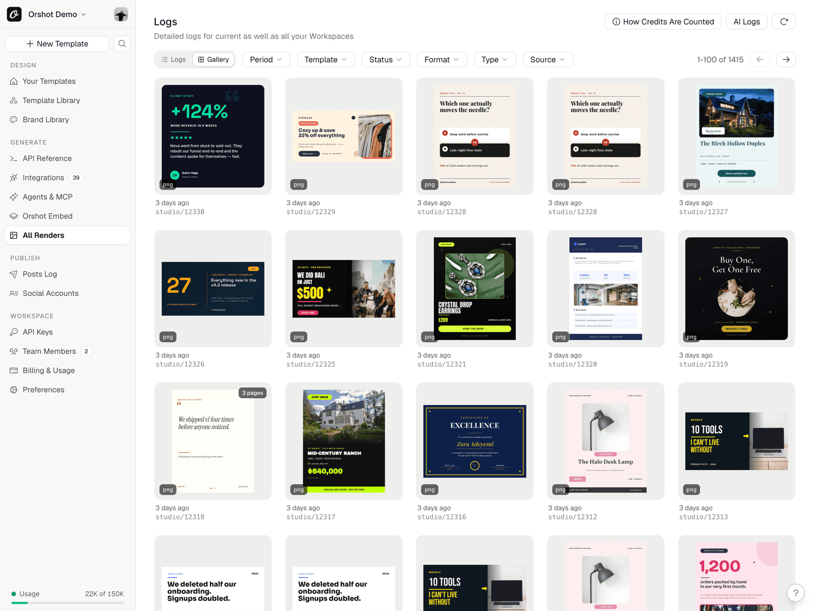 Orshot render logs — searchable gallery of every API render